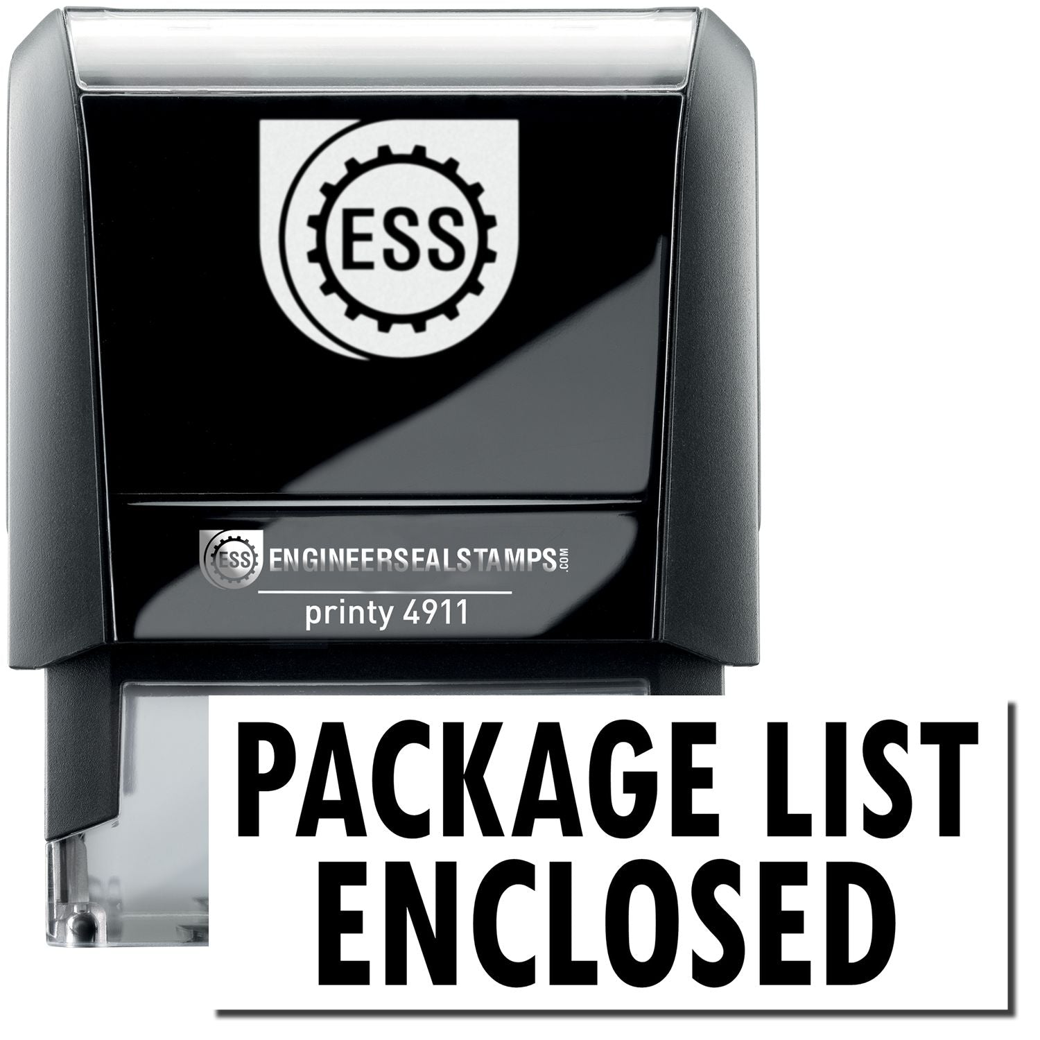 A self-inking stamp with a stamped image showing how the text "PACKAGE LIST ENCLOSED" is displayed after stamping.