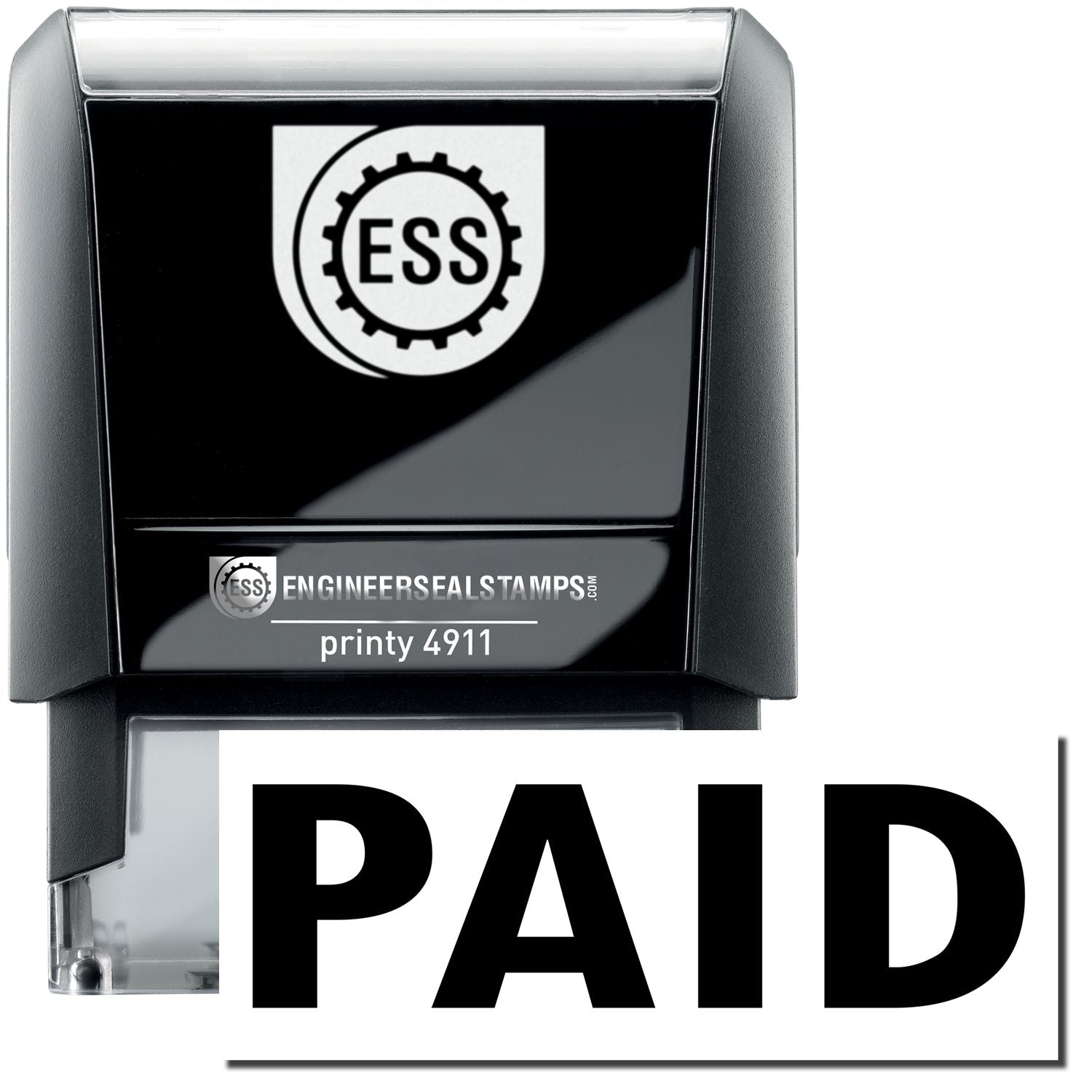 Self Inking Paid Stamp with ESS logo, black casing, and the word PAID stamped in bold black letters on a white surface.