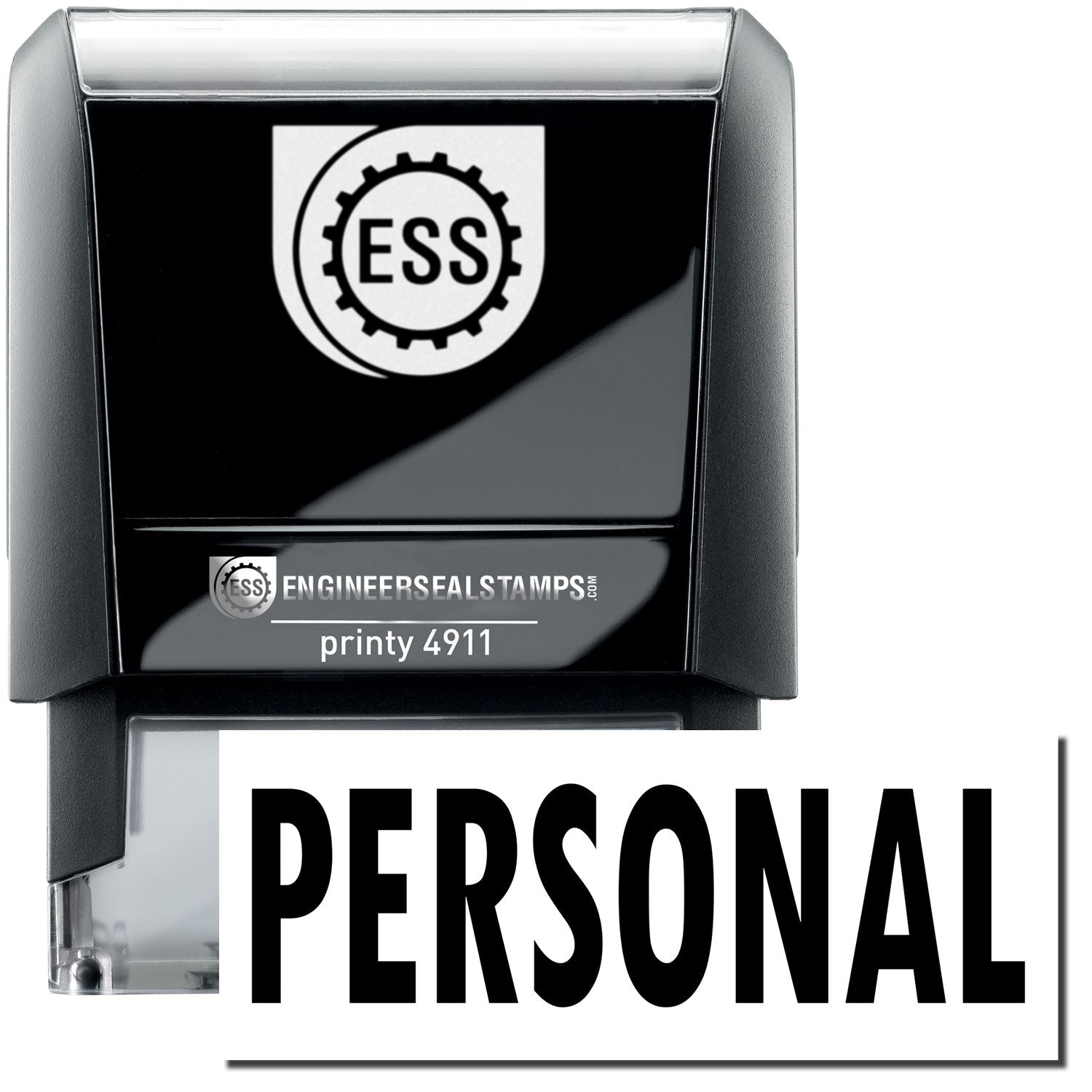 Self Inking Personal Stamp with a black and white design, featuring the ESS logo and the word PERSONAL in bold letters.