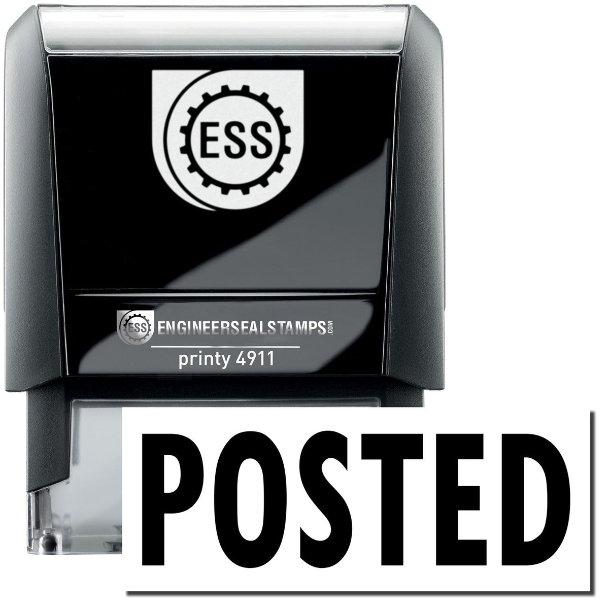 A self-inking stamp with a stamped image showing how the text &quot;POSTED&quot; is displayed after stamping.