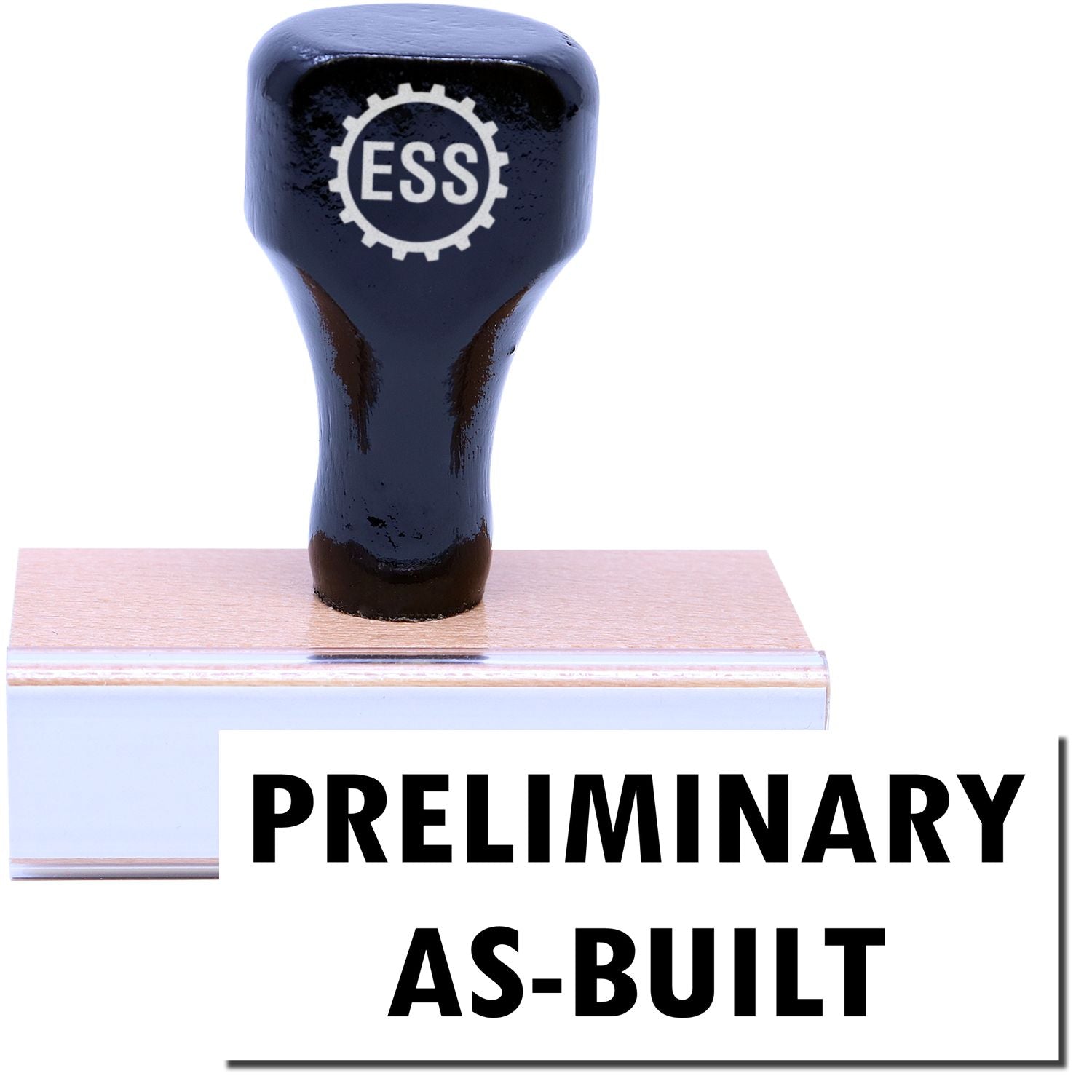A stock office rubber stamp with a stamped image showing how the text "PRELIMINARY AS-BUILT" is displayed after stamping.