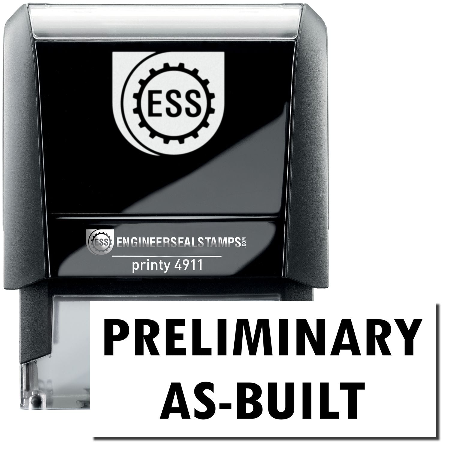 A self-inking stamp with a stamped image showing how the text "PRELIMINARY AS-BUILT" is displayed after stamping.
