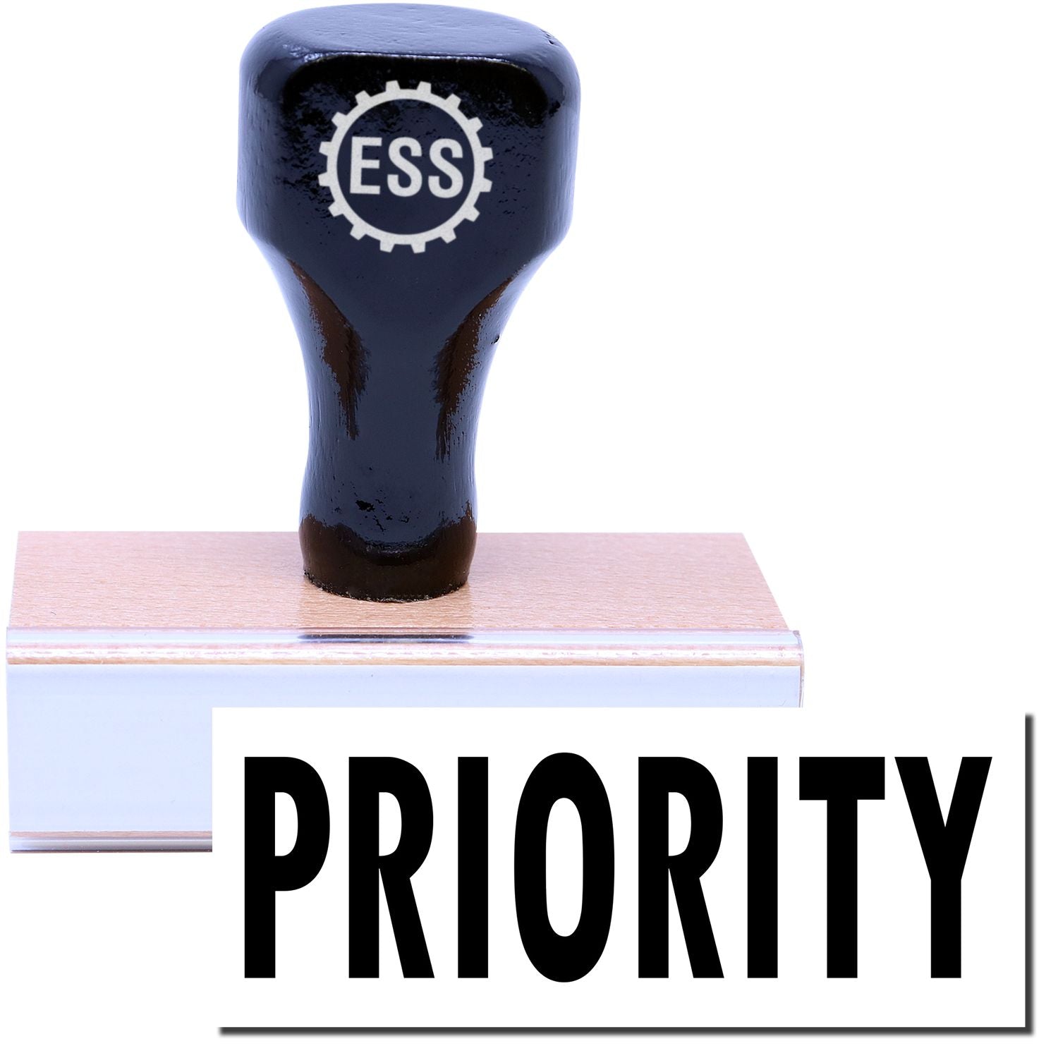A stock office rubber stamp with a stamped image showing how the text "PRIORITY" is displayed after stamping.