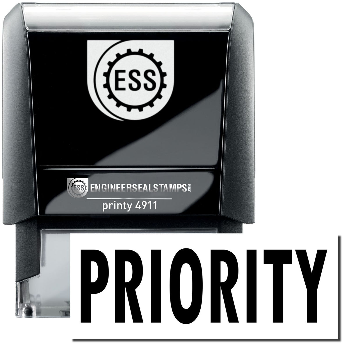 A self-inking stamp with a stamped image showing how the text &quot;PRIORITY&quot; is displayed after stamping.