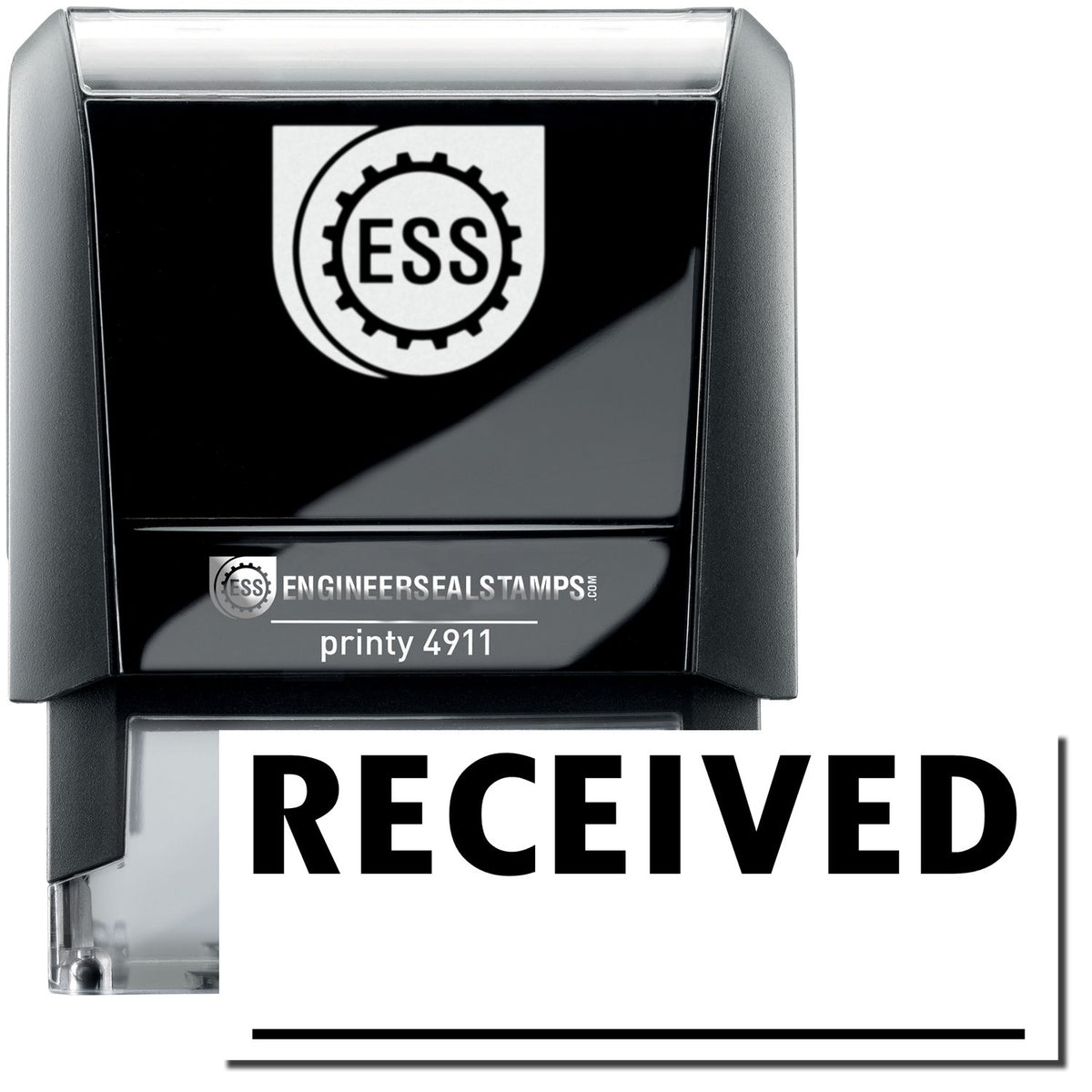 A self-inking stamp with a stamped image showing how the text &quot;RECEIVED&quot; with a line under it is displayed after stamping.