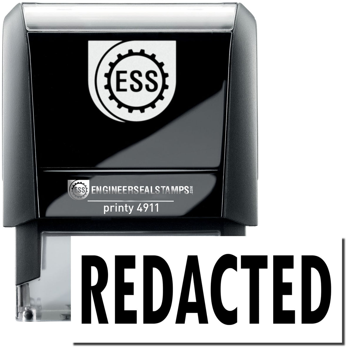 A self-inking stamp with a stamped image showing how the text &quot;REDACTED&quot; is displayed after stamping.
