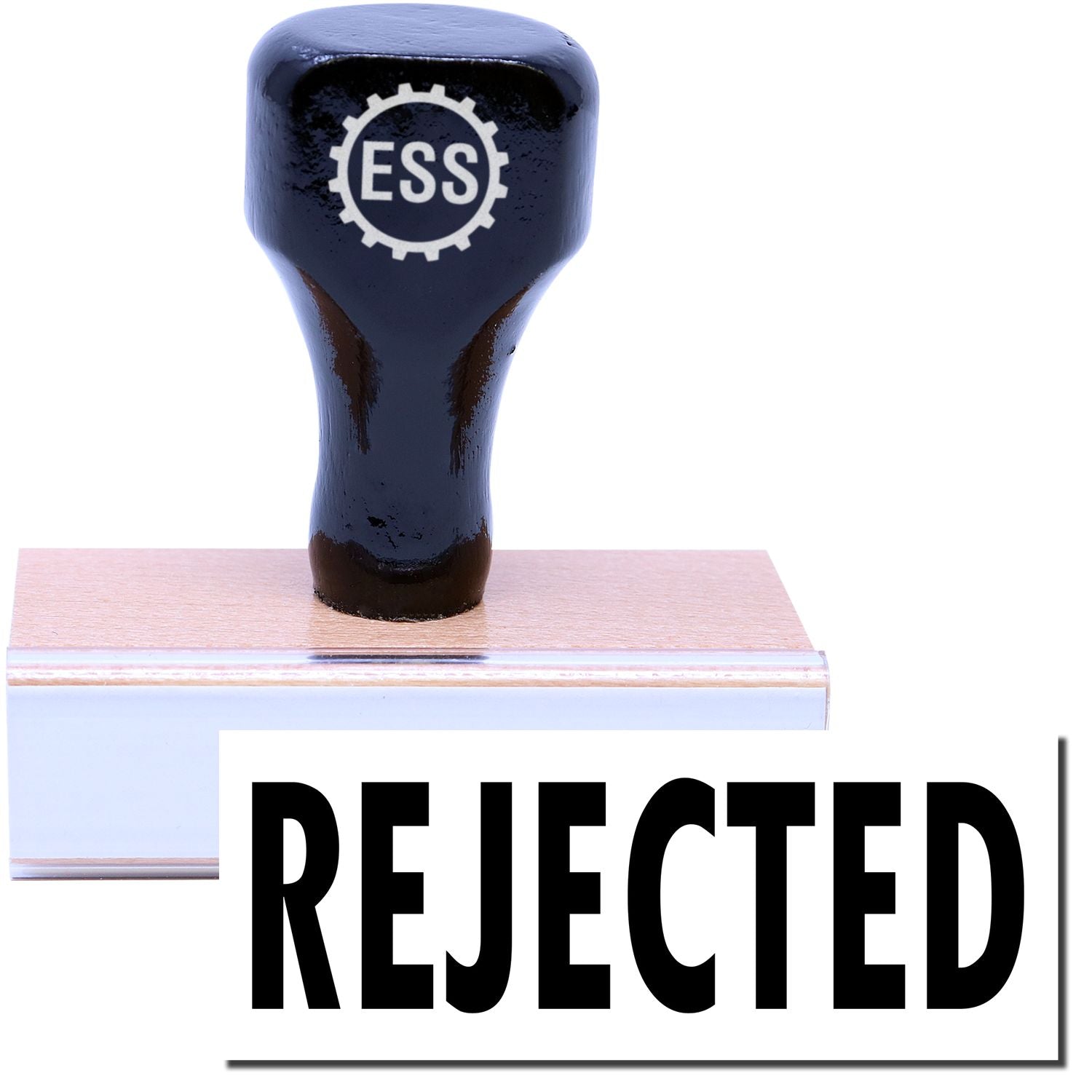 A stock office rubber stamp with a stamped image showing how the text "REJECTED" is displayed after stamping.