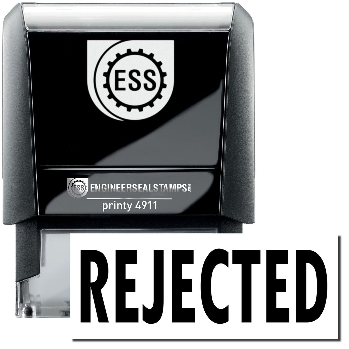 A self-inking stamp with a stamped image showing how the text &quot;REJECTED&quot; is displayed after stamping.