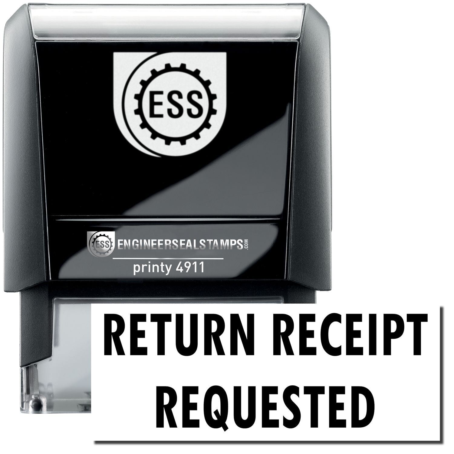 A self-inking stamp with a stamped image showing how the text "RETURN RECEIPT REQUESTED" is displayed after stamping.
