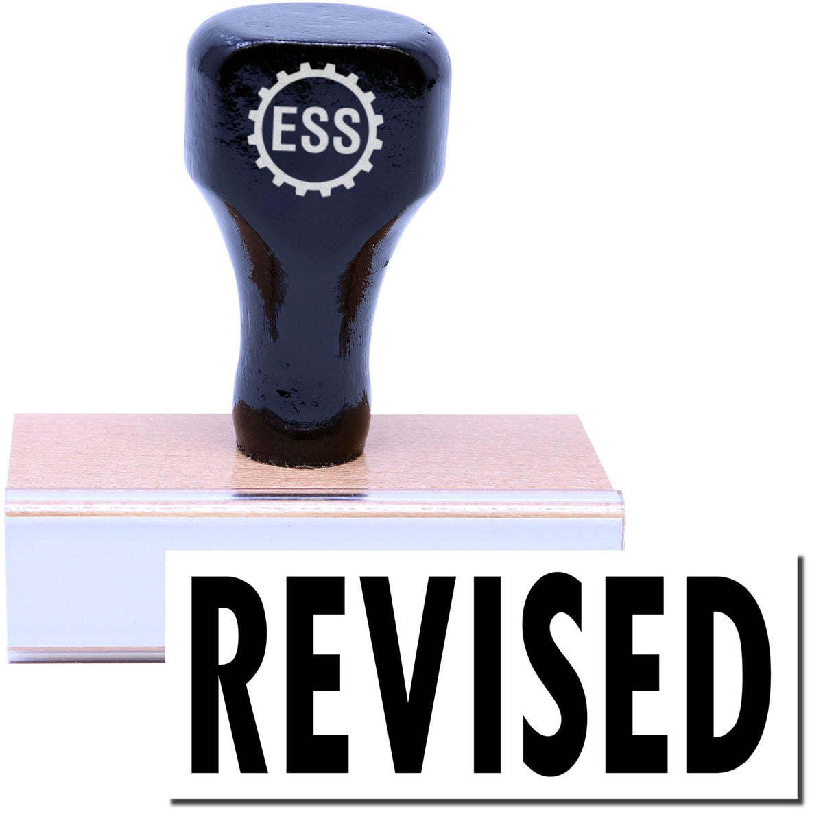 A stock office rubber stamp with a stamped image showing how the text &quot;REVISED&quot; is displayed after stamping.