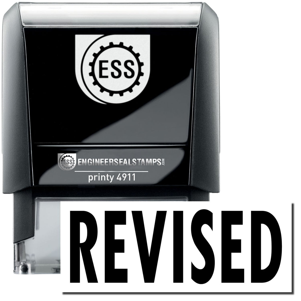 A self-inking stamp with a stamped image showing how the text &quot;REVISED&quot; in bold font is displayed after stamping.