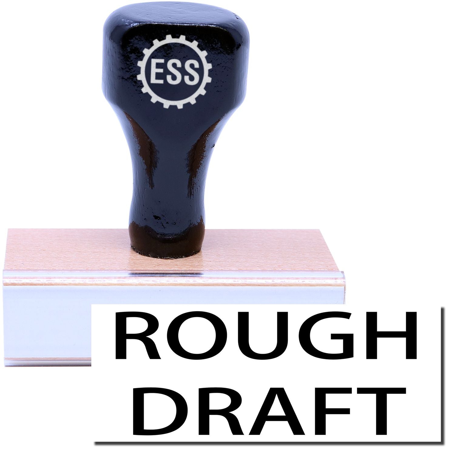 A stock office rubber stamp with a stamped image showing how the text ROUGH DRAFT is displayed after stamping.