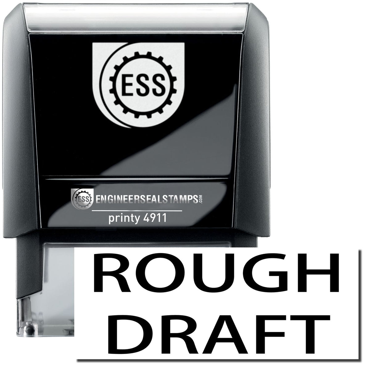 A self-inking stamp with a stamped image showing how the text &quot;ROUGH DRAFT&quot; is displayed after stamping.