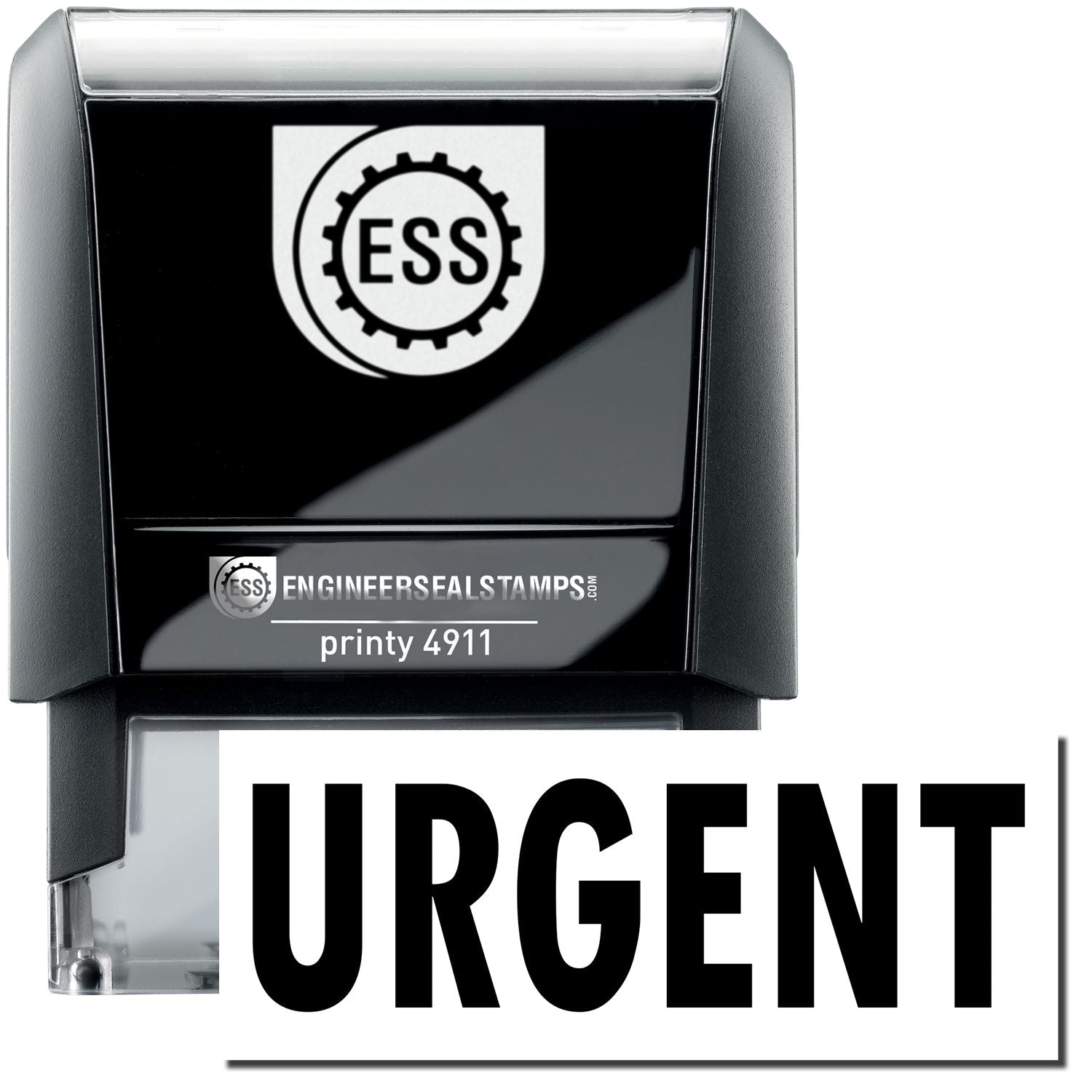 A self-inking stamp with a stamped image showing how the text "URGENT" is displayed after stamping.