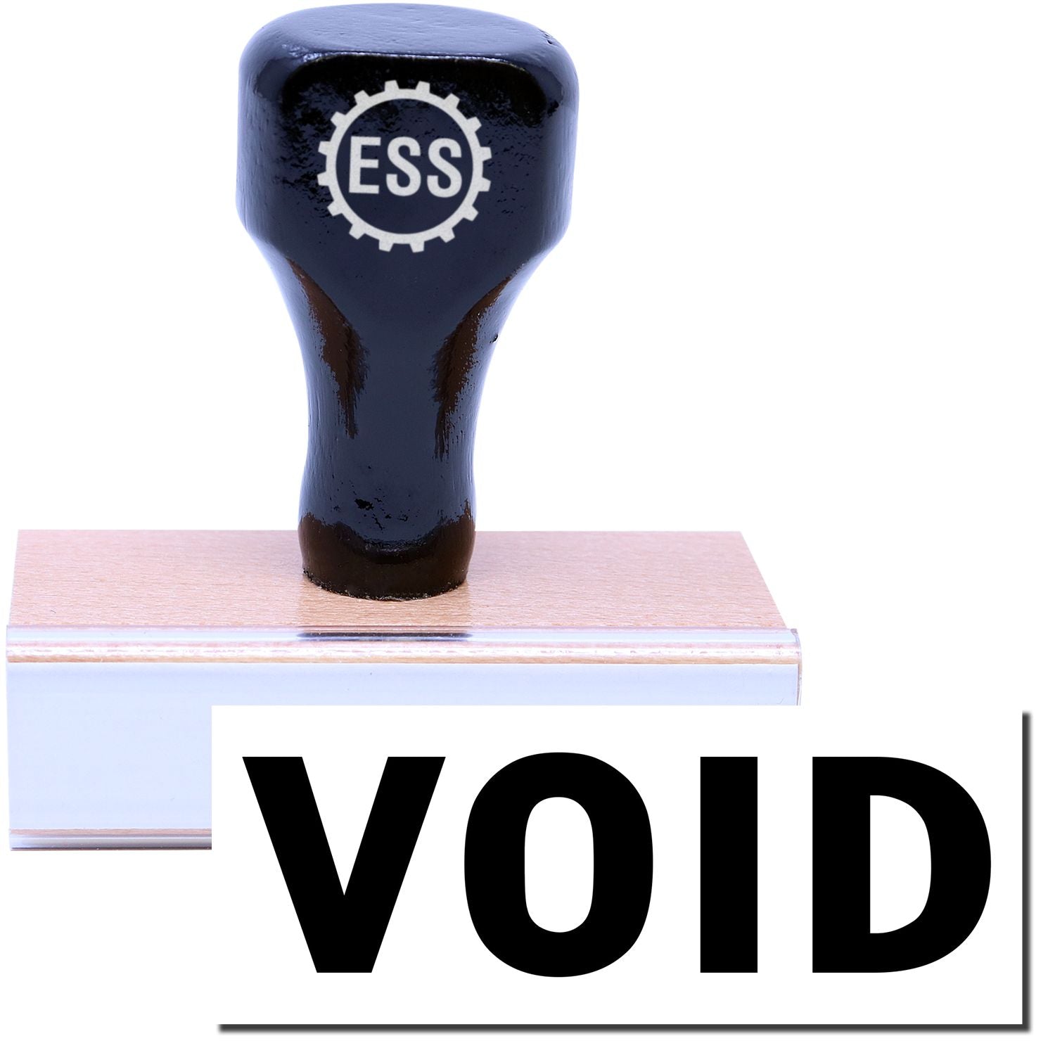 A stock office rubber stamp with a stamped image showing how the text VOID is displayed after stamping.