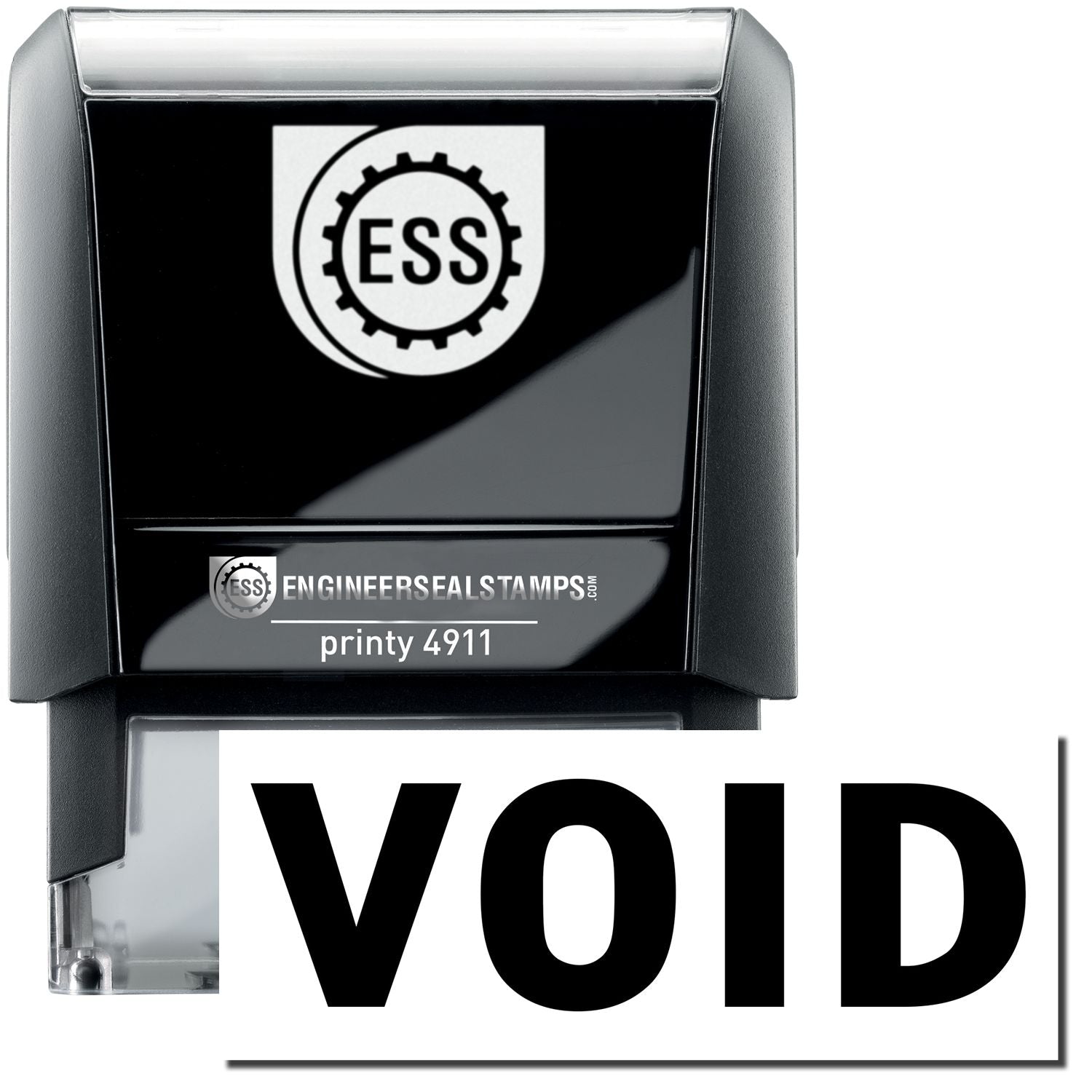 A self-inking stamp with a stamped image showing how the text "VOID" is displayed after stamping.