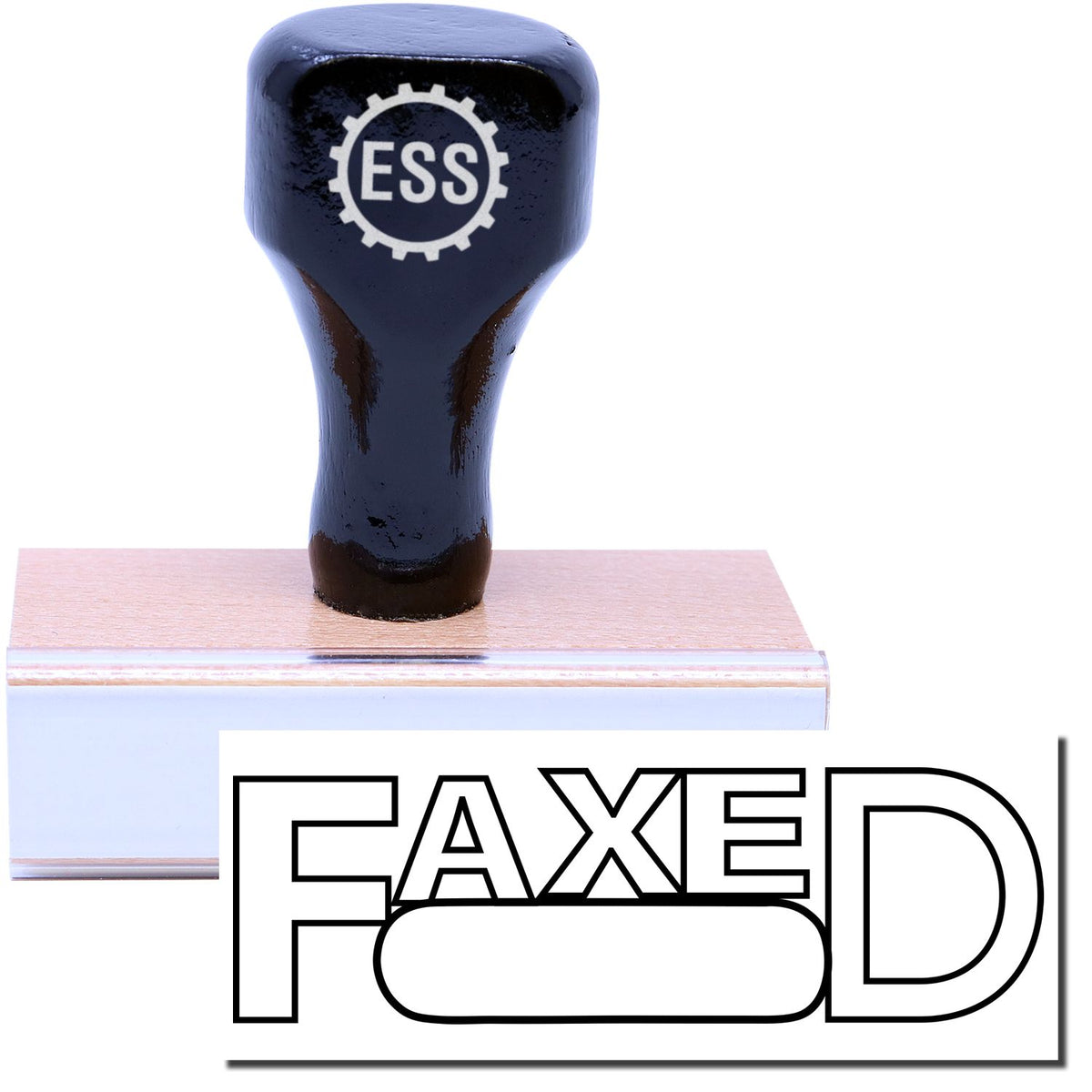 A stock office rubber stamp with a stamped image showing how the text &quot;FAXED&quot; in an outline font with a round date box is displayed after stamping.