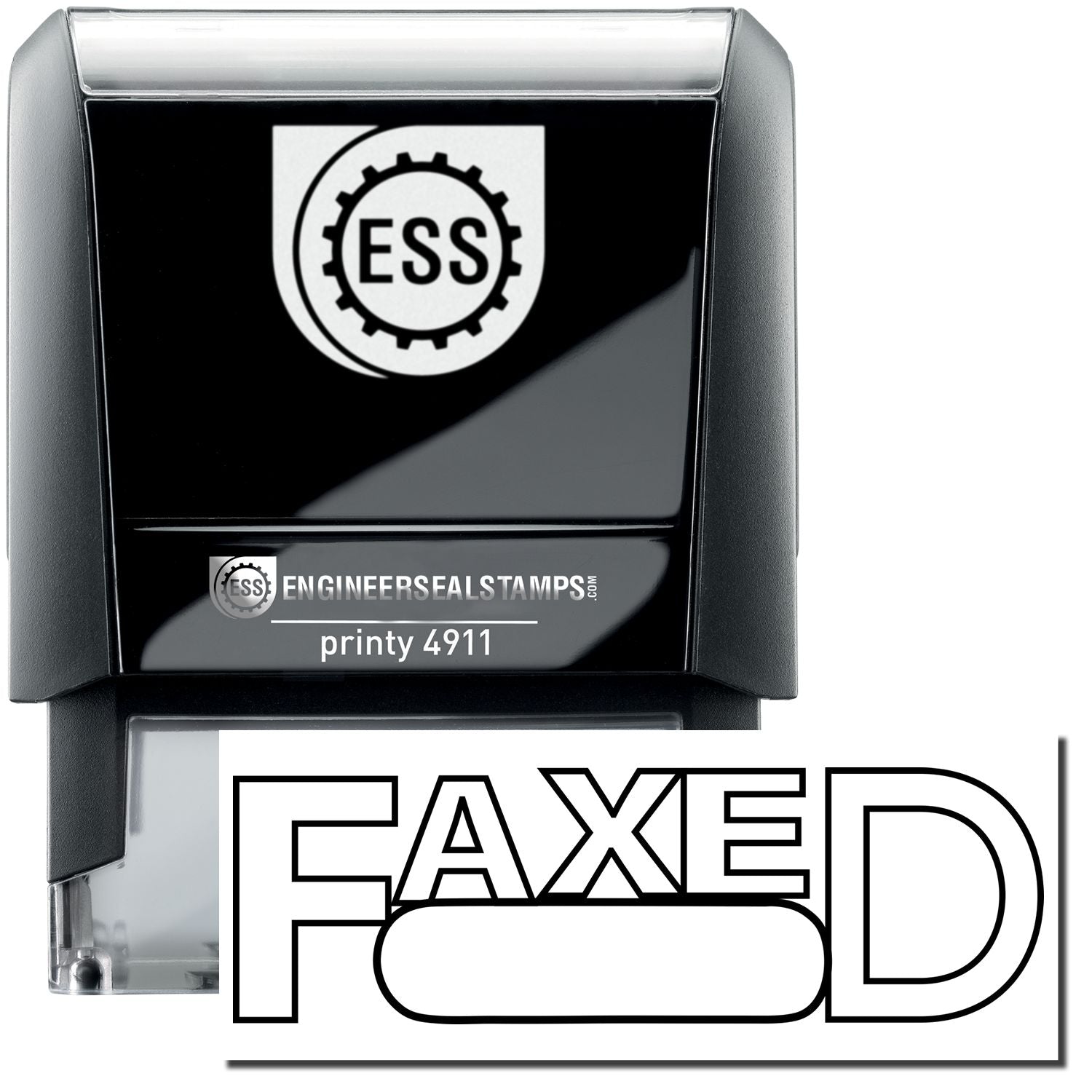 A self-inking stamp with a stamped image showing how the text "FAXED" in an outline style with a round date box is displayed after stamping.