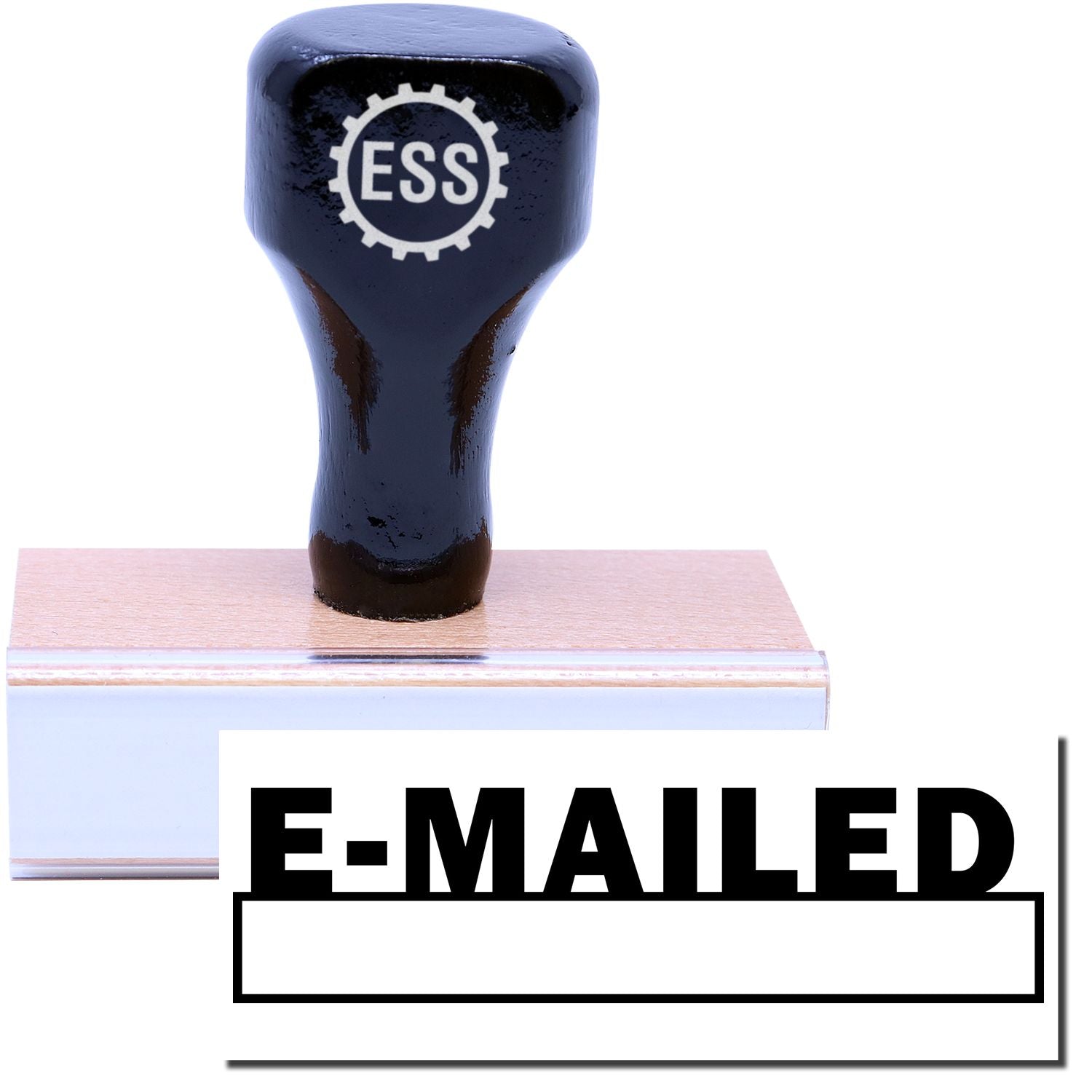 A stock office rubber stamp with a stamped image showing how the text E-MAILED with a date box underneath the text is displayed after stamping.