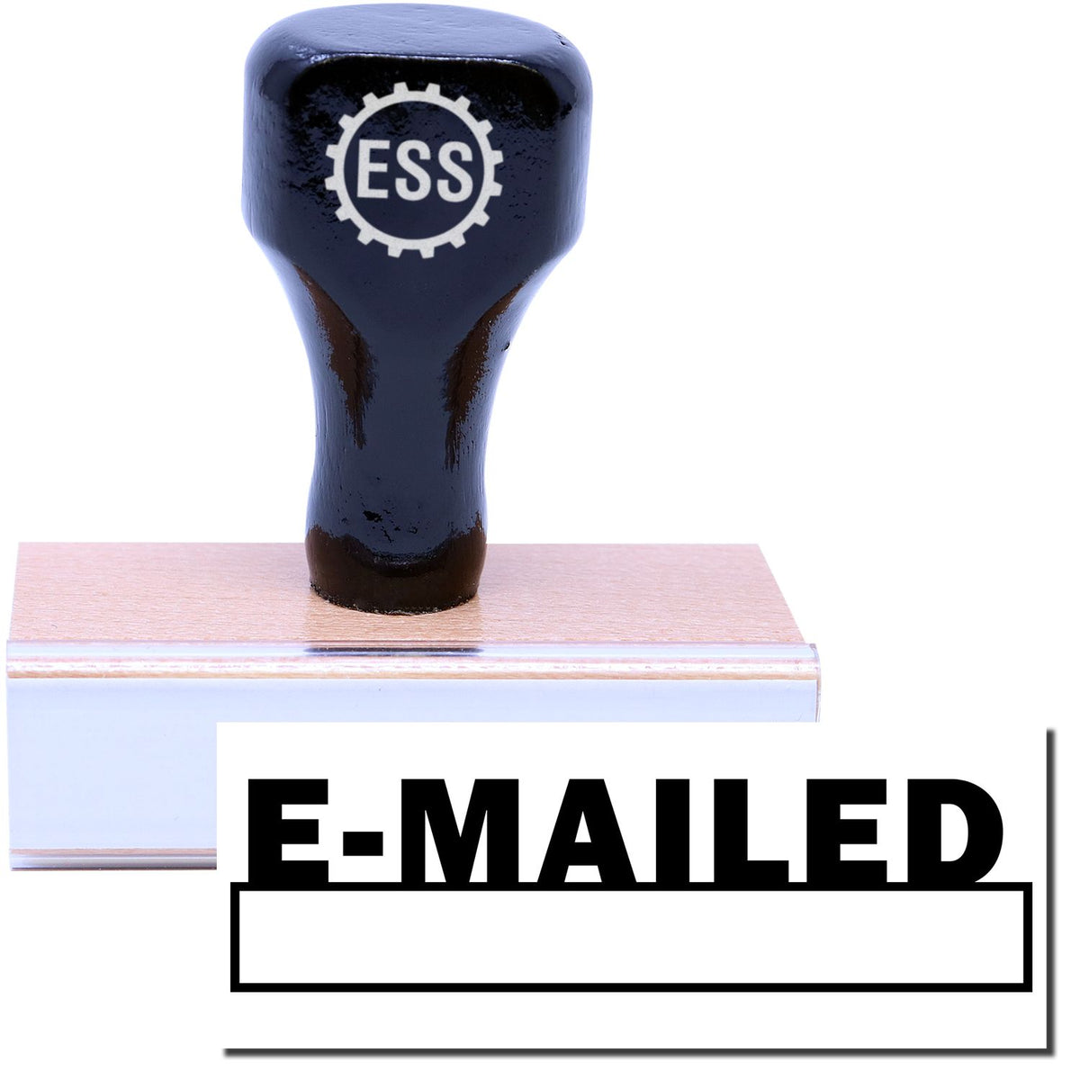 A stock office rubber stamp with a stamped image showing how the text &quot;E-MAILED&quot; with a date box underneath the text is displayed after stamping.