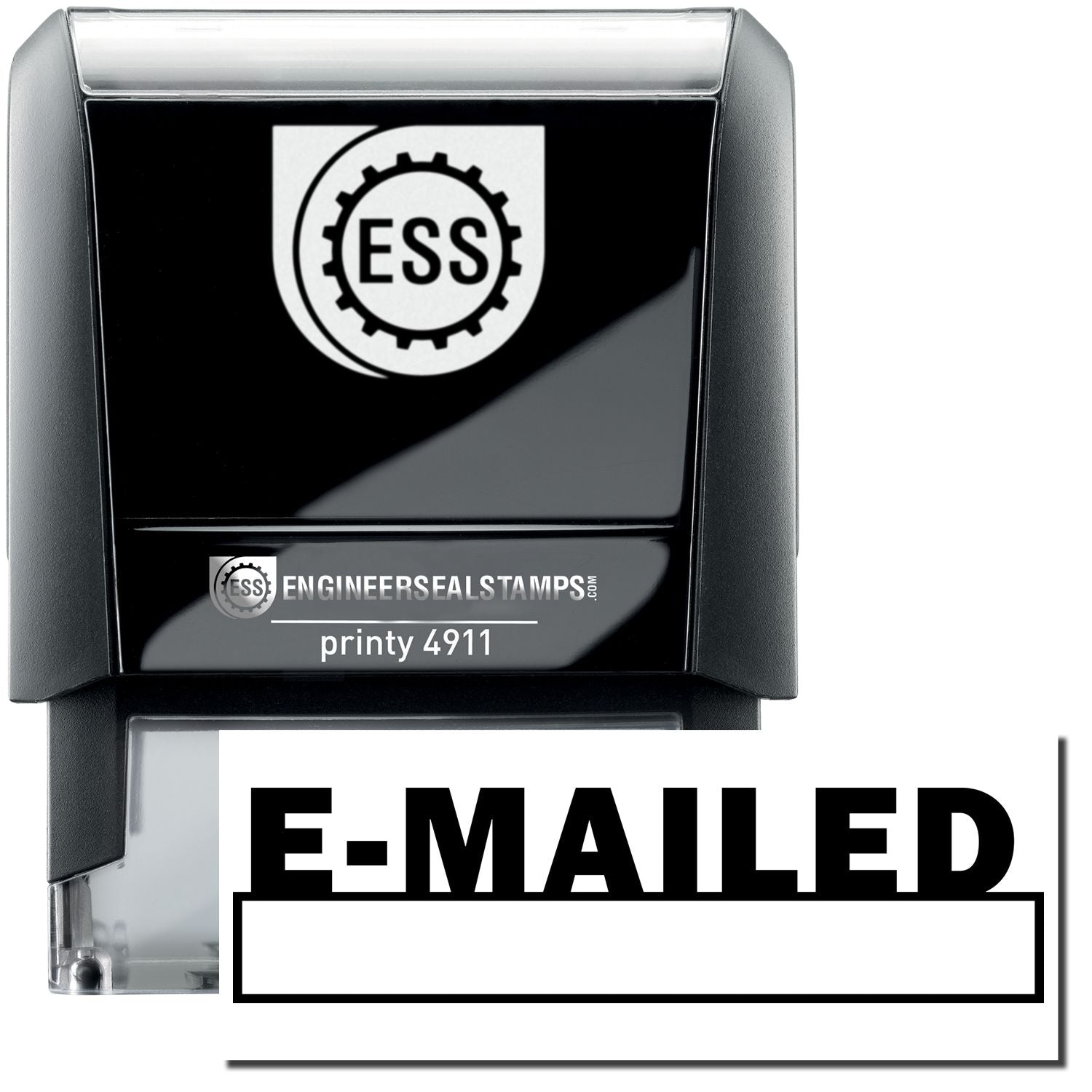 A self-inking stamp with a stamped image showing how the text E-MAILED with a date box under it is displayed after stamping.