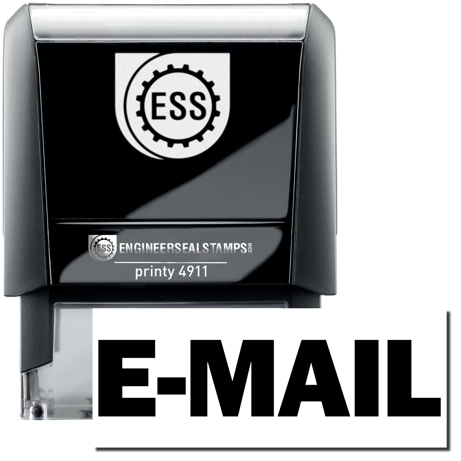 A self-inking stamp with a stamped image showing how the text E-MAIL is displayed after stamping.