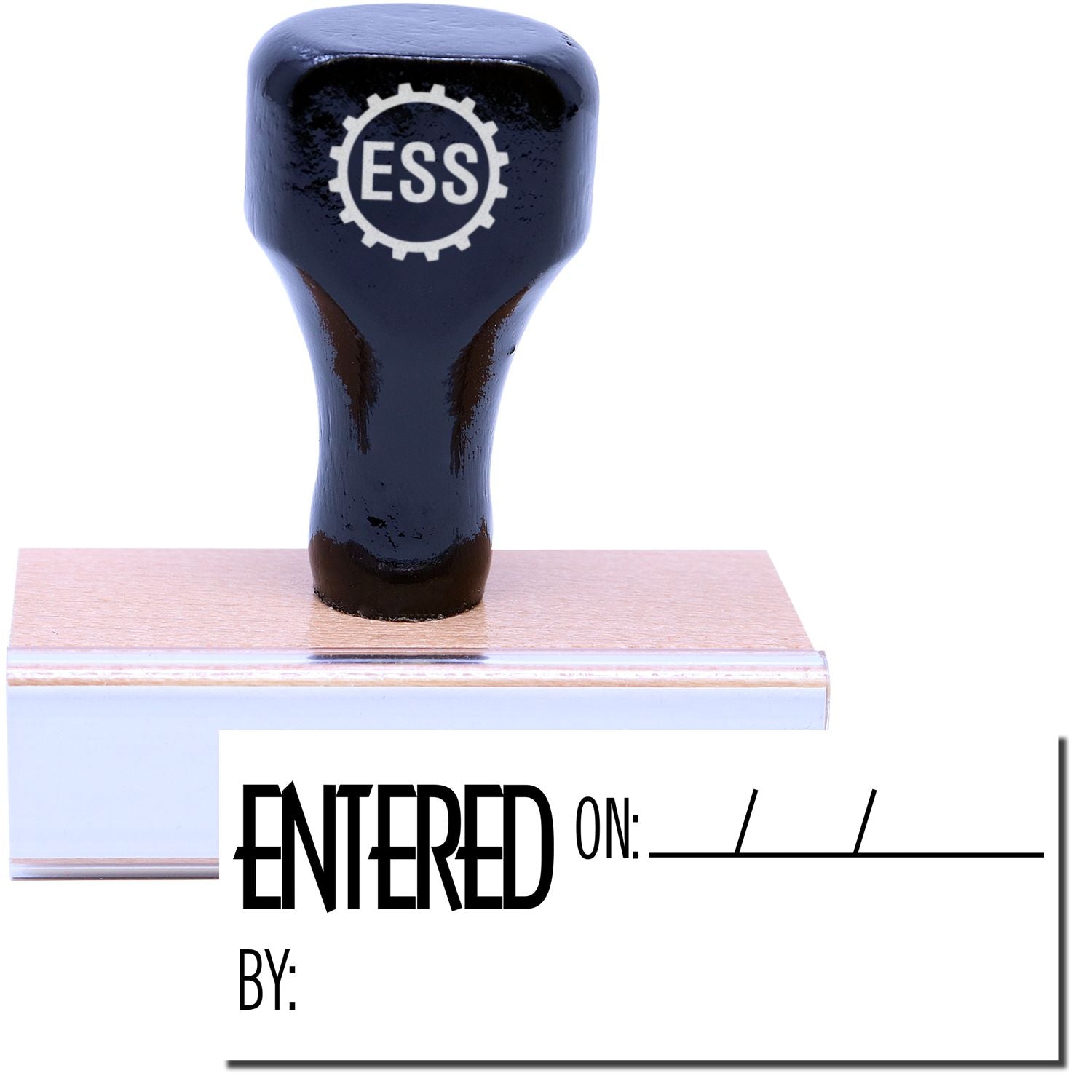 A stock office rubber stamp with a stamped image showing how the text ENTERED ON with a space for writing the date and the name of the person who entered ( BY: ) is displayed after stamping.