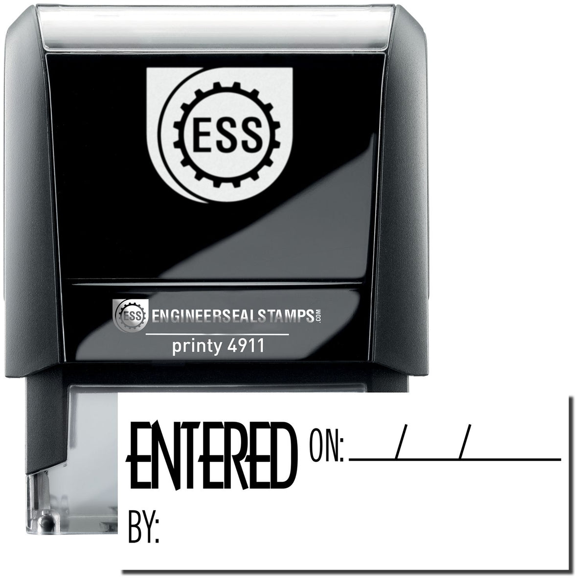 A self-inking stamp with a stamped image showing how the text &quot;ENTERED ON:&quot; with space for mentioning a date is given and under it, the text &quot;BY:&quot; with space for mentioning the name of the person who did the work is given is displayed after stamping.