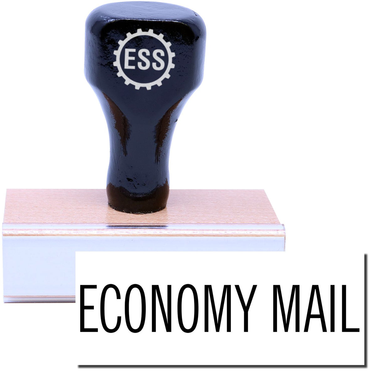 A stock office rubber stamp with a stamped image showing how the text &quot;ECONOMY MAIL&quot; is displayed after stamping.