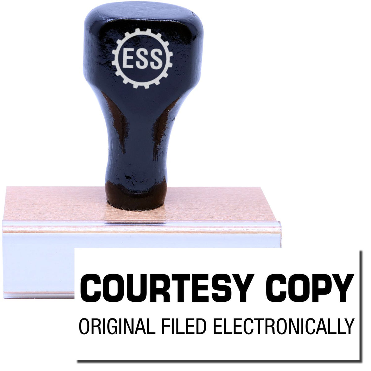 A stock office rubber stamp with a stamped image showing how the text &quot;COURTESY COPY ORIGINAL FILED ELECTRONICALLY&quot; is displayed after stamping.