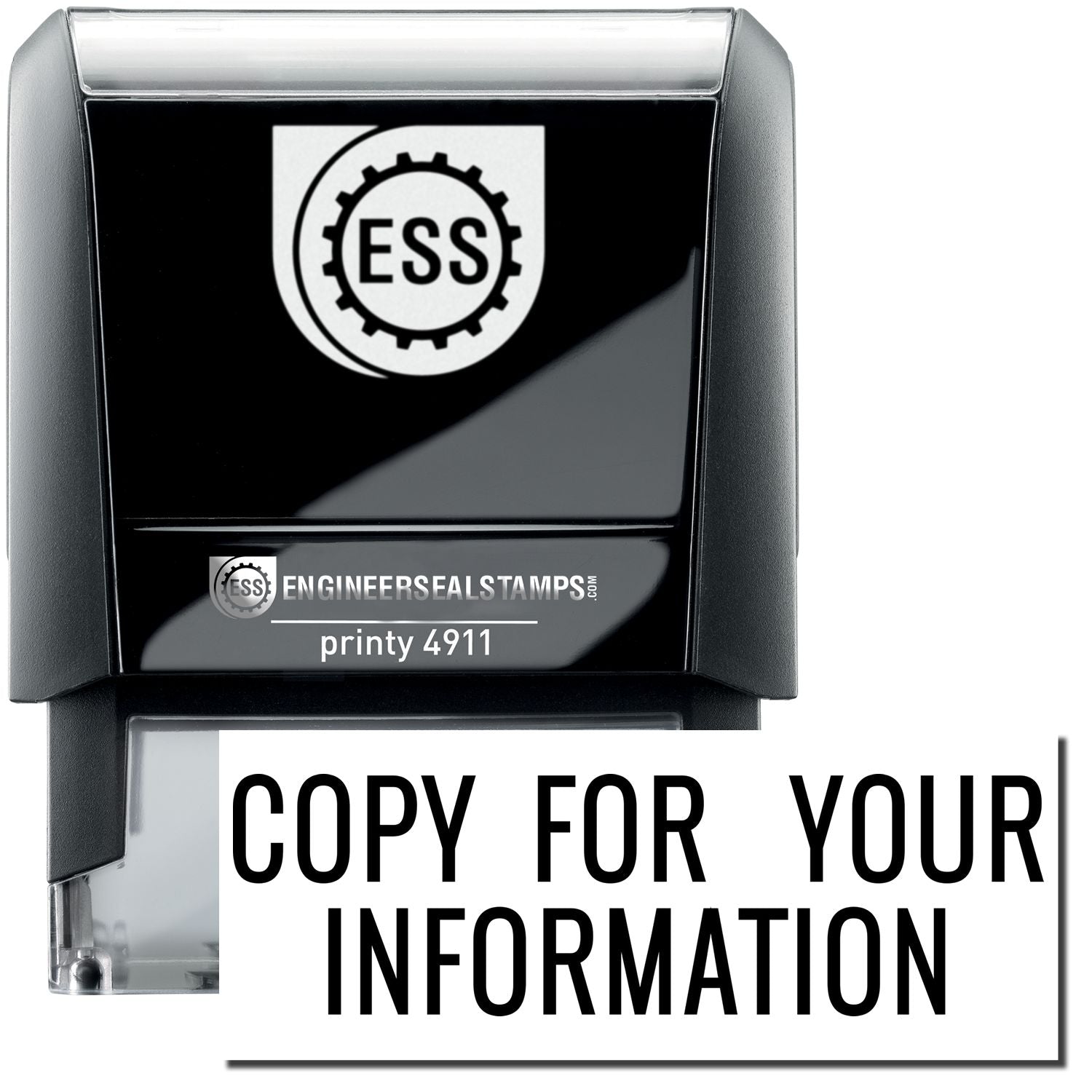 A self-inking stamp with a stamped image showing how the text "COPY FOR YOUR INFORMATION" in a narrow font is displayed after stamping.