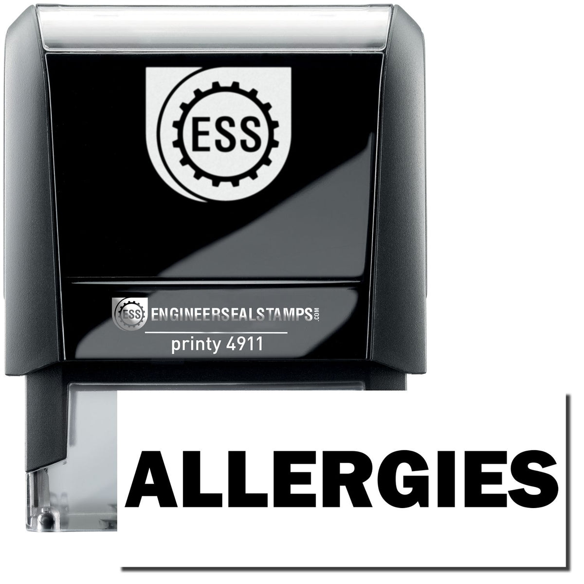 A self-inking stamp with a stamped image showing how the text &quot;ALLERGIES&quot; in bold font is displayed after stamping.