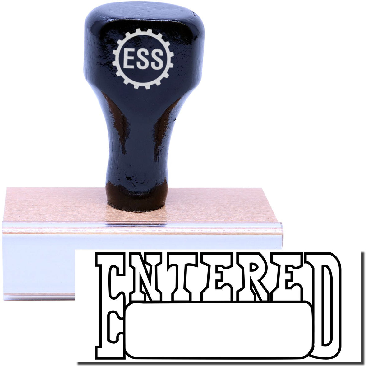 A stock office rubber stamp with a stamped image showing how the text &quot;ENTERED&quot; in an outline font with a date box is displayed after stamping.