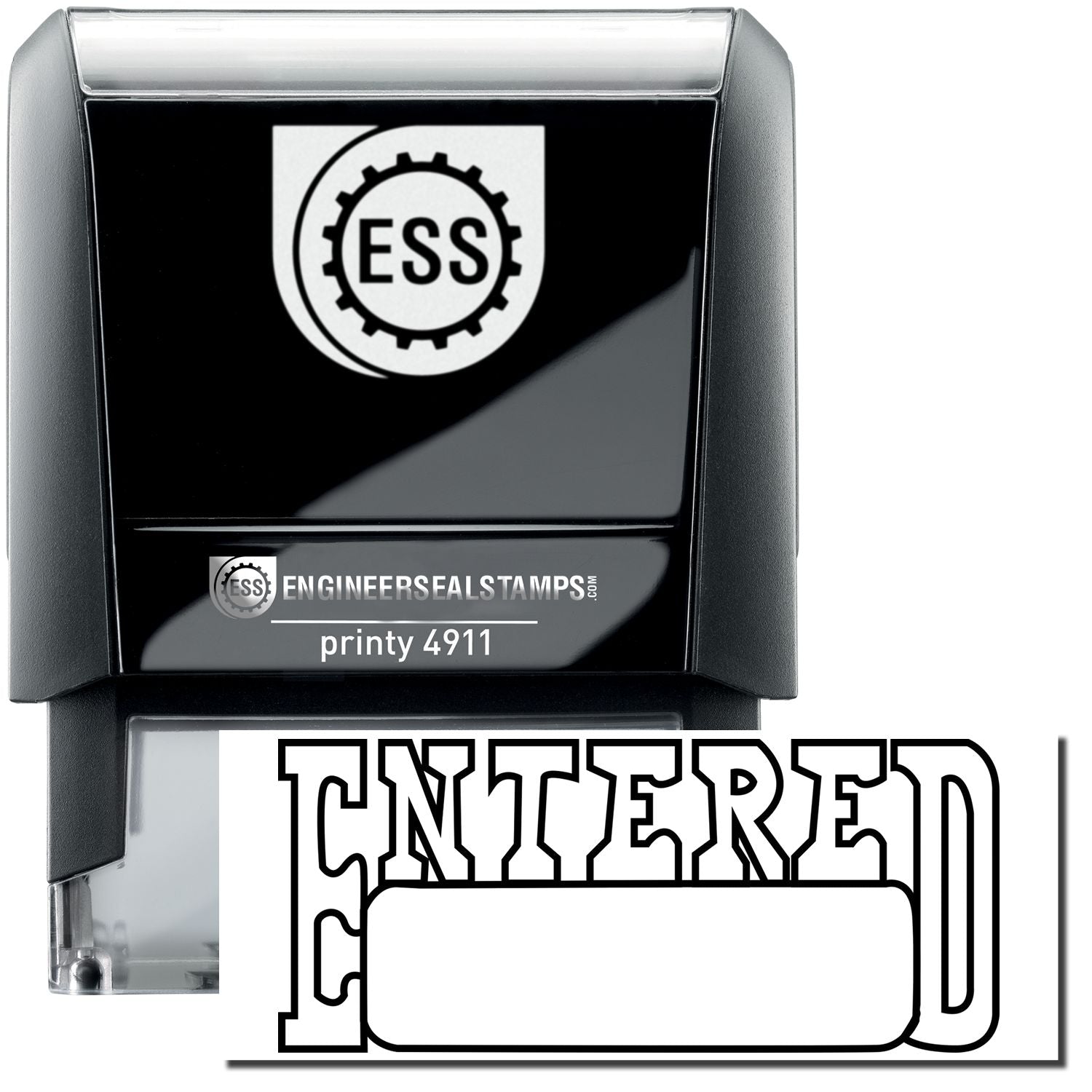 A self-inking stamp with a stamped image showing how the text "ENTERED" in a unique outline style with a date box under it is displayed after stamping.