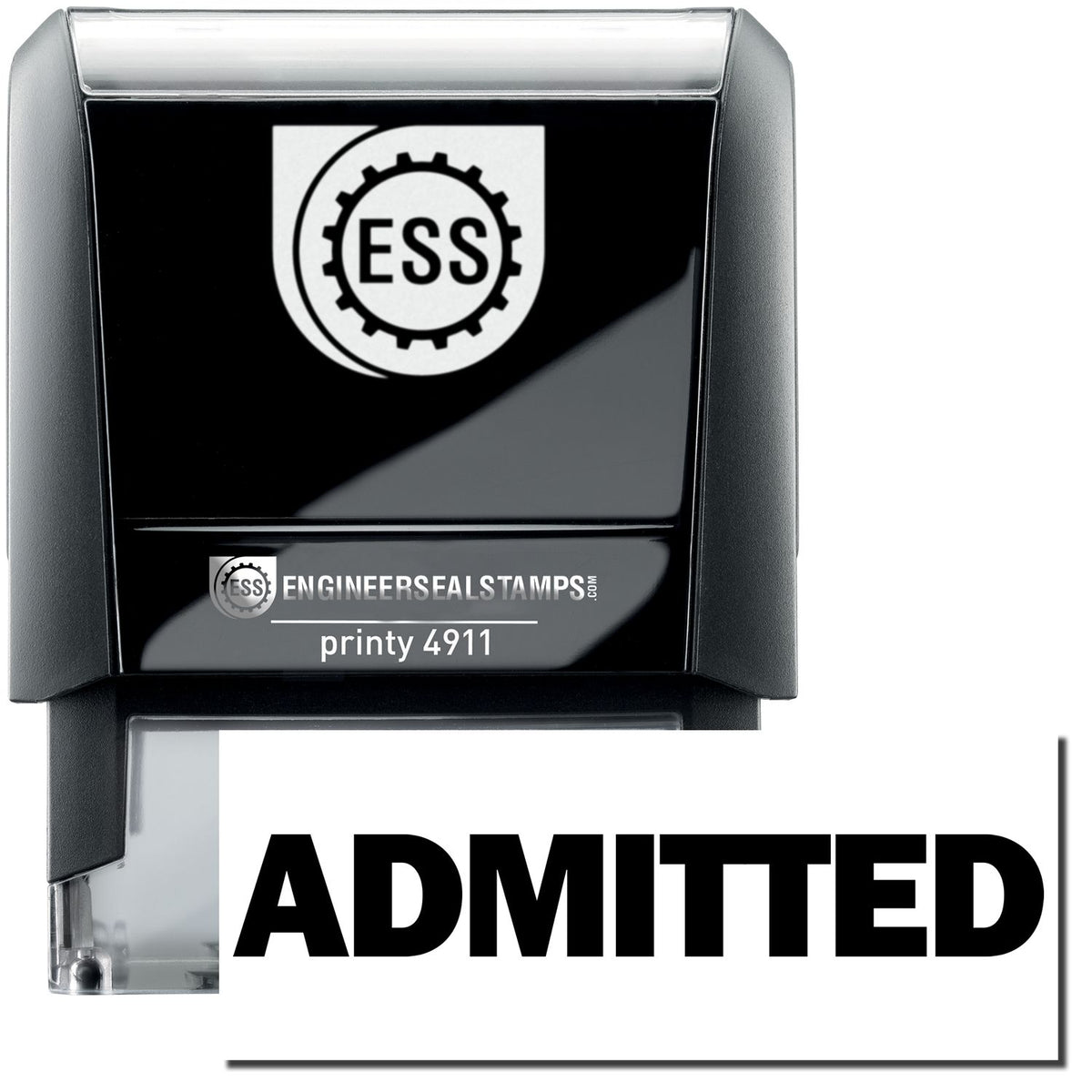 A self-inking stamp with a stamped image showing how the text &quot;ADMITTED&quot; in bold font is displayed after stamping.