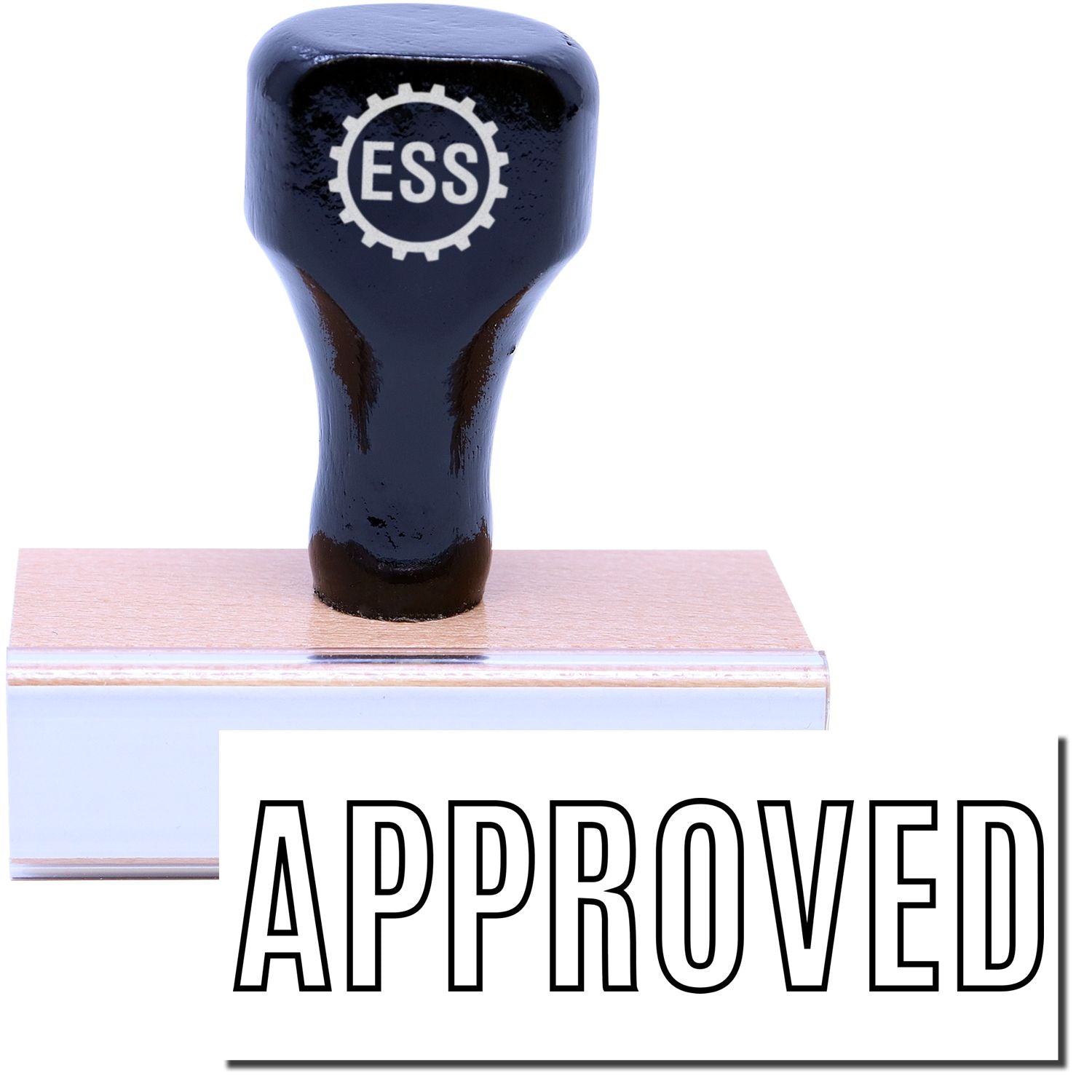 A stock office rubber stamp with a stamped image showing how the text APPROVED in an outline font is displayed after stamping.