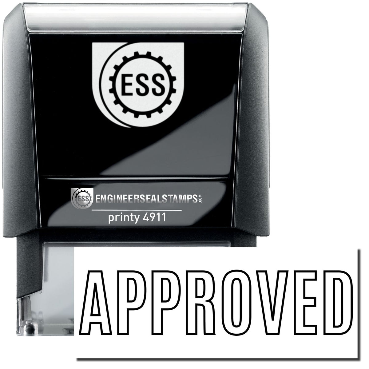 A self-inking stamp with a stamped image showing how the text &quot;APPROVED&quot; in an outline style is displayed after stamping.