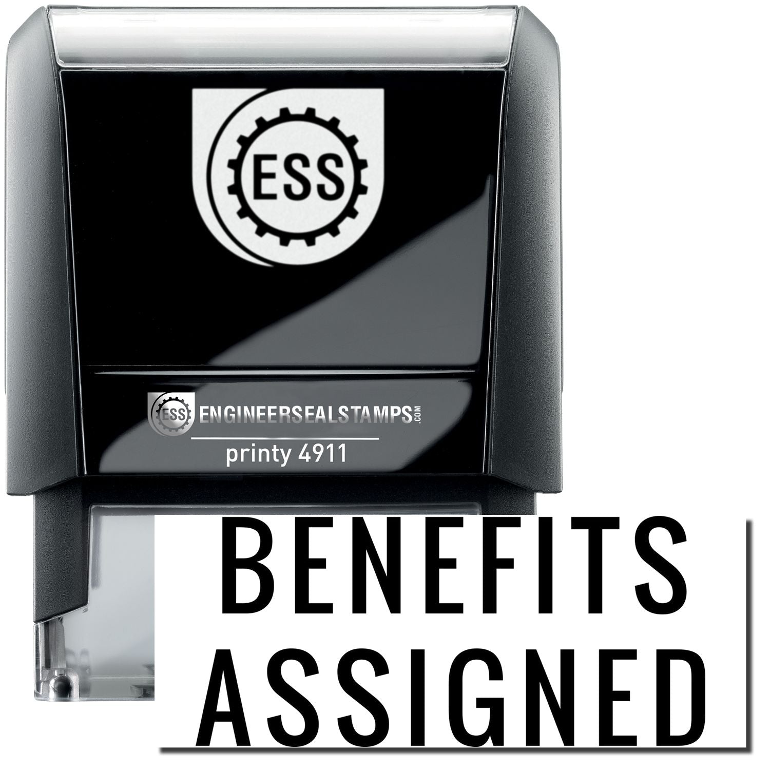 A self-inking stamp with a stamped image showing how the text "BENEFITS ASSIGNED" in a narrow font is displayed after stamping.