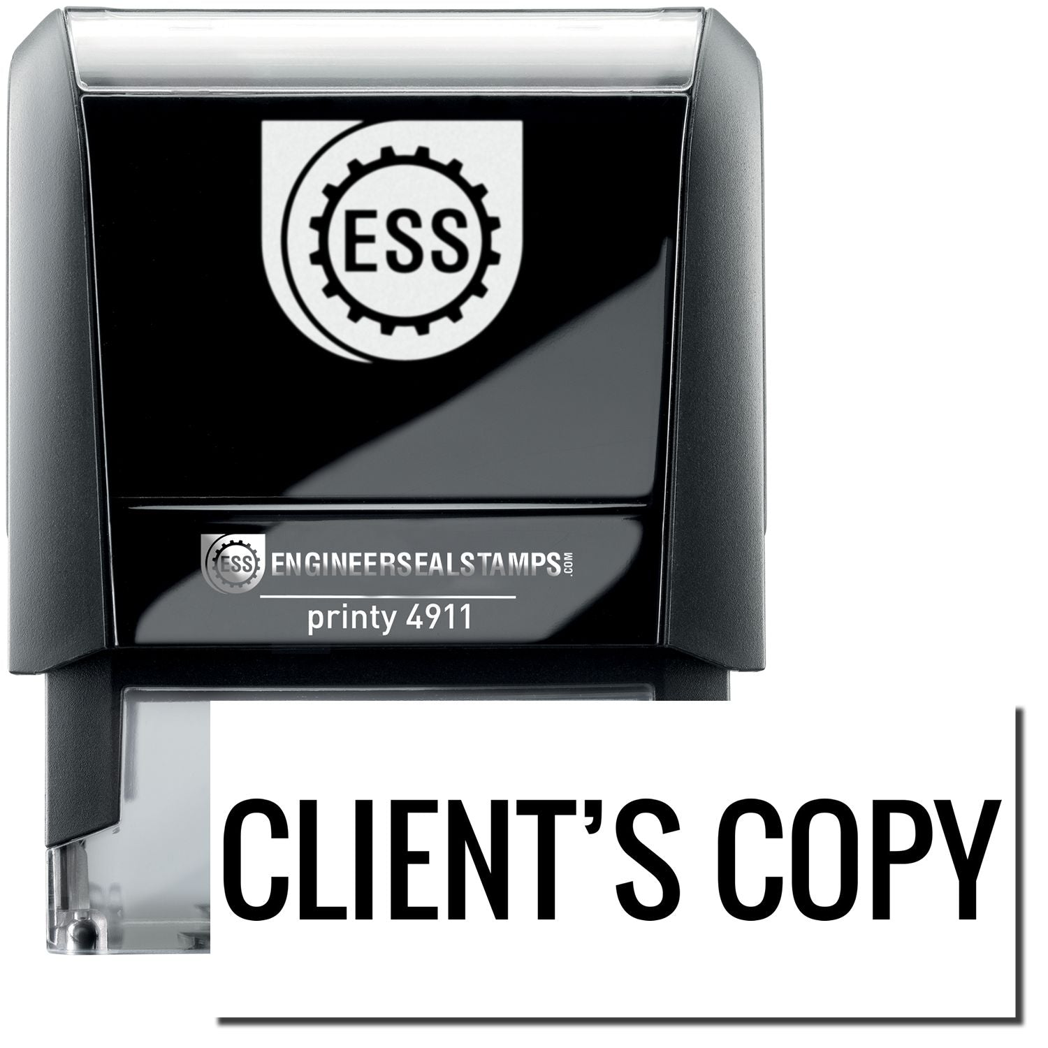 A self-inking stamp with a stamped image showing how the text "CLIENT'S COPY" is displayed after stamping.