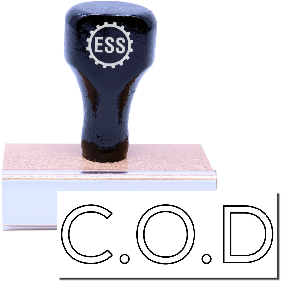 A stock office rubber stamp with a stamped image showing how the text &quot;C.O.D&quot; in an outline font is displayed after stamping.