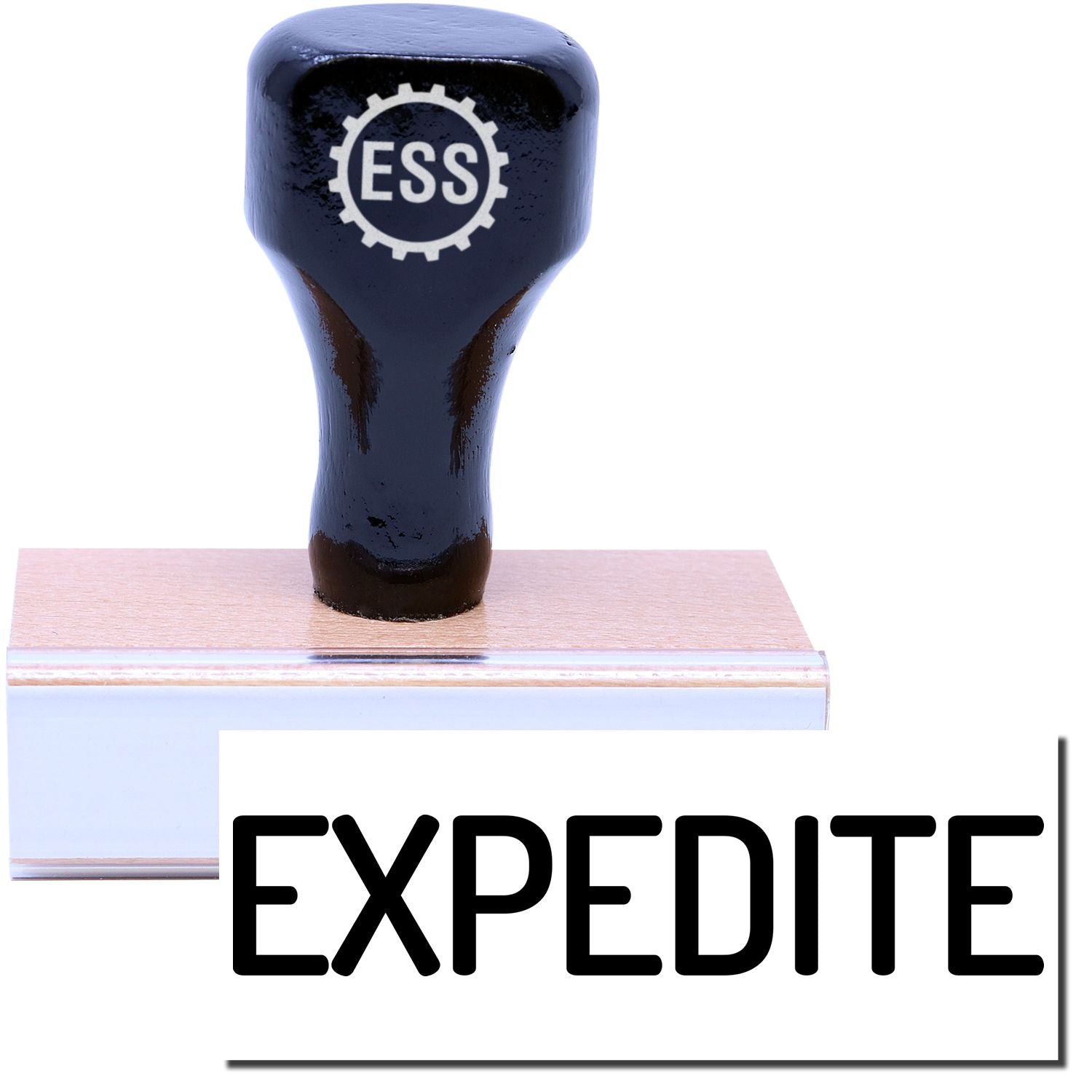 A stock office rubber stamp with a stamped image showing how the text EXPEDITE in a narrow font is displayed after stamping.