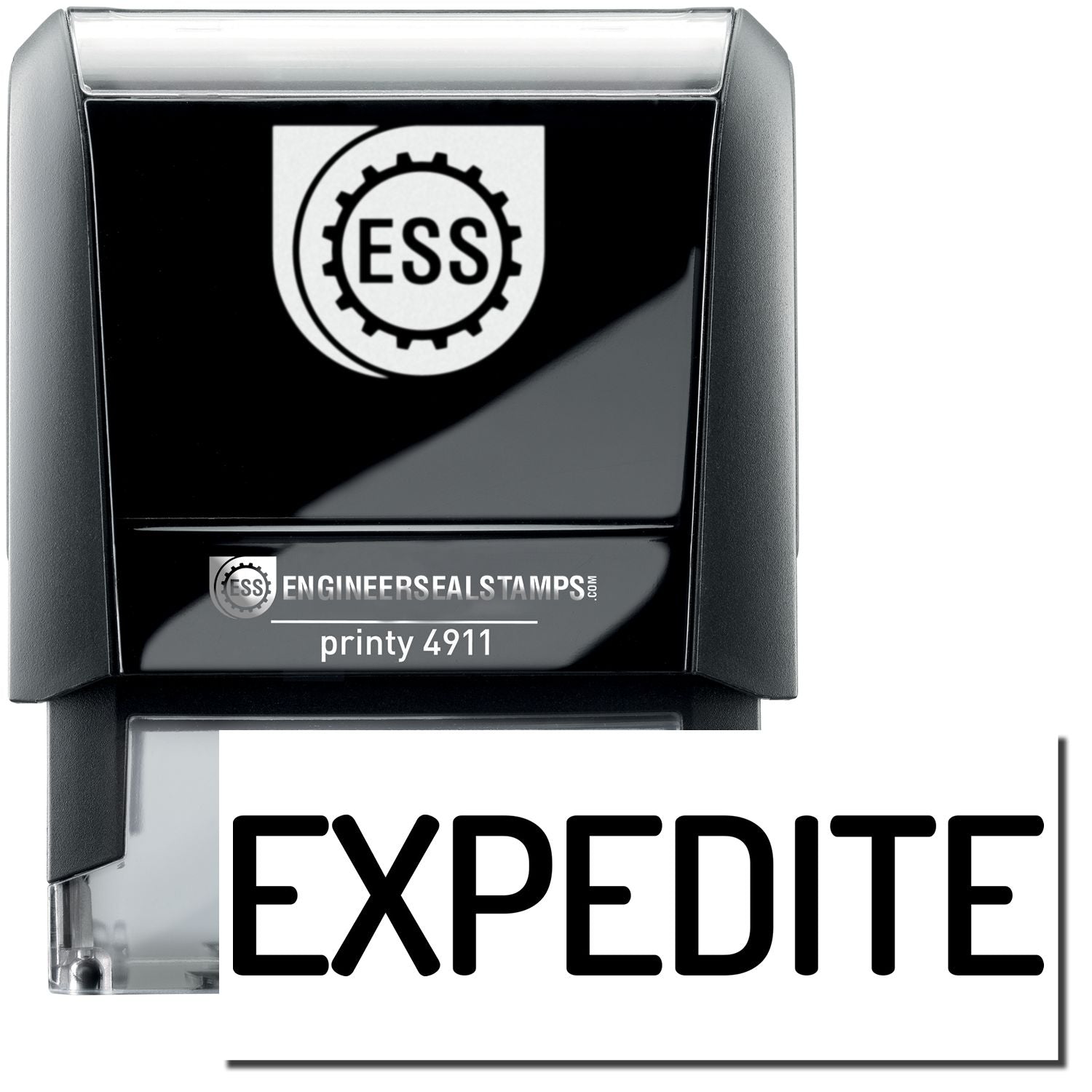 A self-inking stamp with a stamped image showing how the text "EXPEDITE" in a narrow font is displayed after stamping.