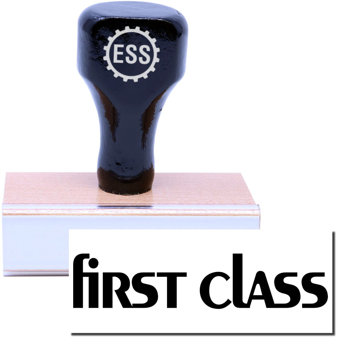 A stock office rubber stamp with a stamped image showing how the text &quot;first class&quot; in a lowercase font is displayed after stamping.