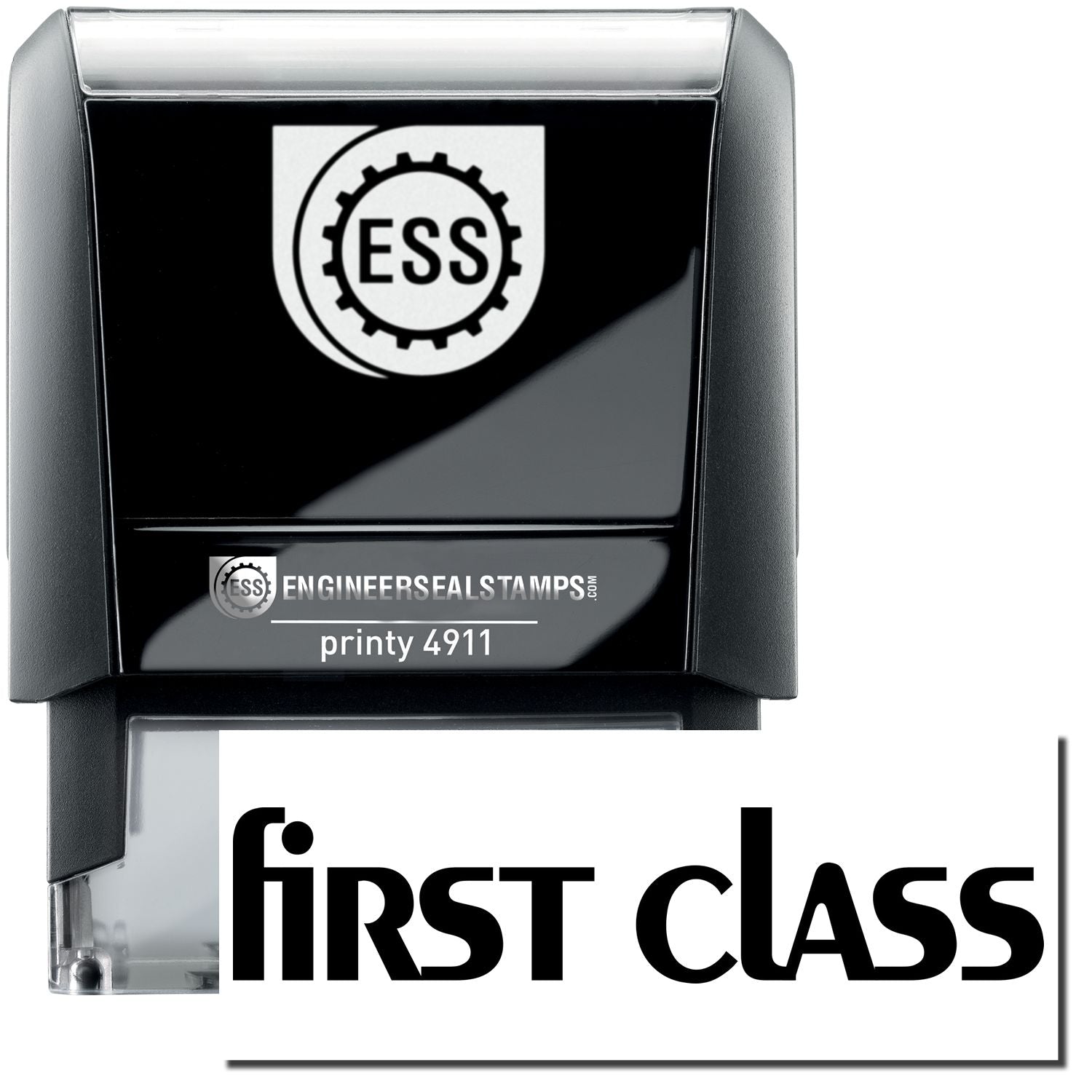 A self-inking stamp with a stamped image showing how the text first class in lowercase is displayed after stamping.