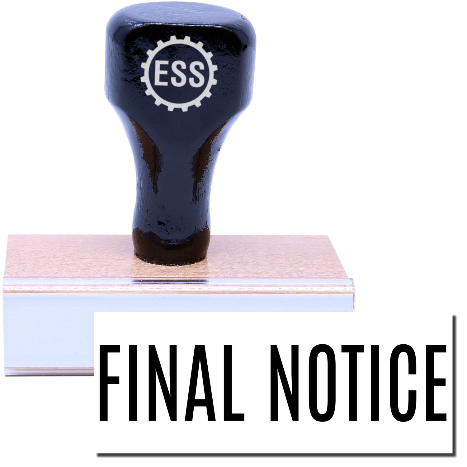 A stock office rubber stamp with a stamped image showing how the text "FINAL NOTICE" In a narrow font is displayed after stamping.