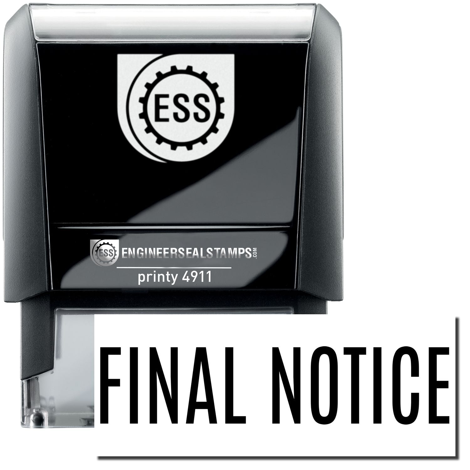 A self-inking stamp with a stamped image showing how the text "FINAL NOTICE" in a narrow font is displayed after stamping.
