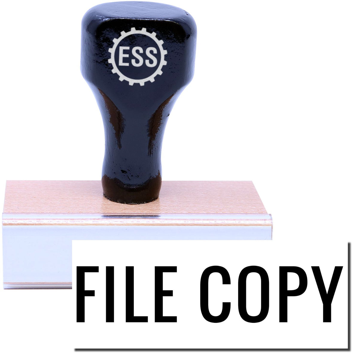 A stock office rubber stamp with a stamped image showing how the text &quot;FILE COPY&quot; in a narrow font is displayed after stamping.