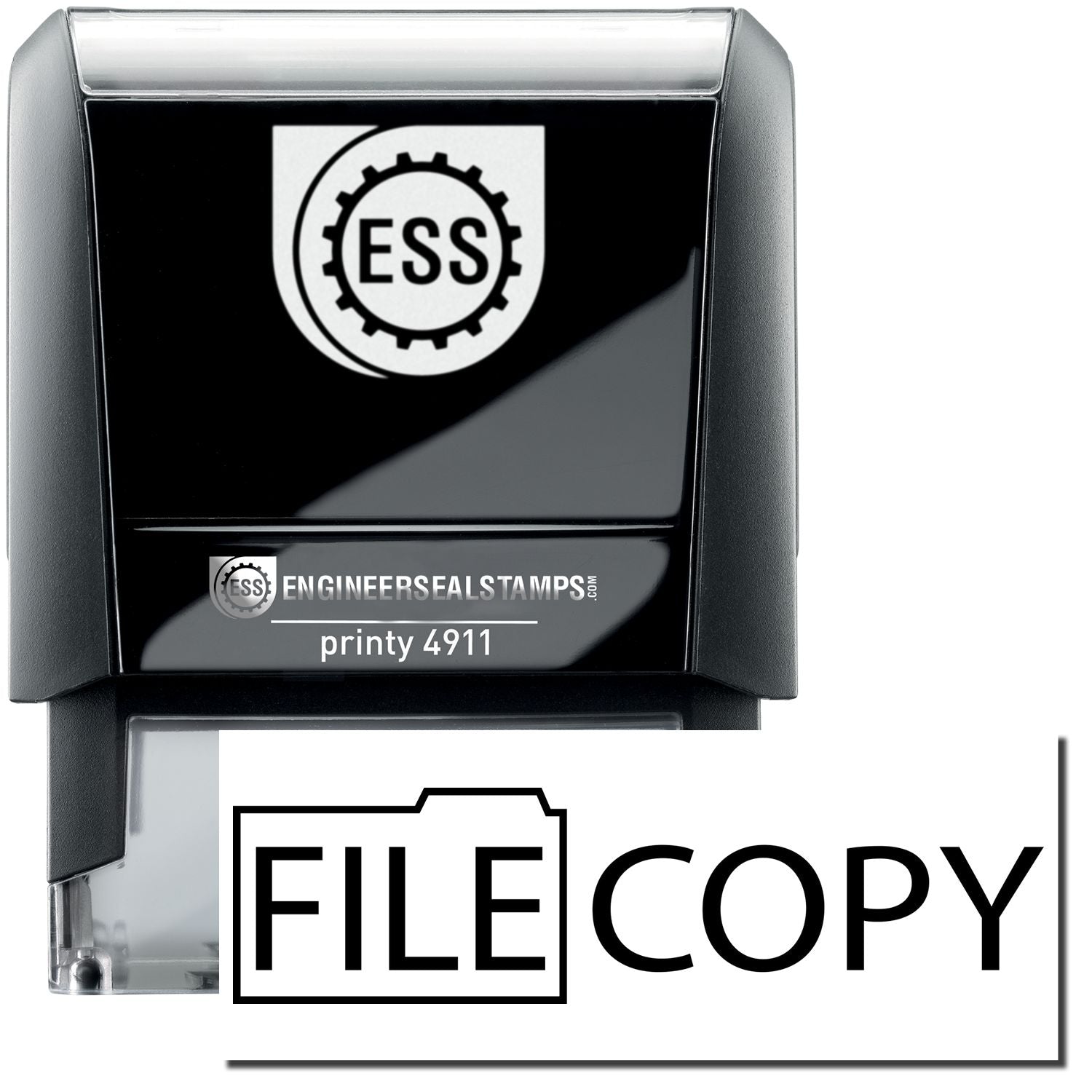 A self-inking stamp with a stamped image showing how the text "FILE COPY" with a graphic of a folder is displayed after stamping.