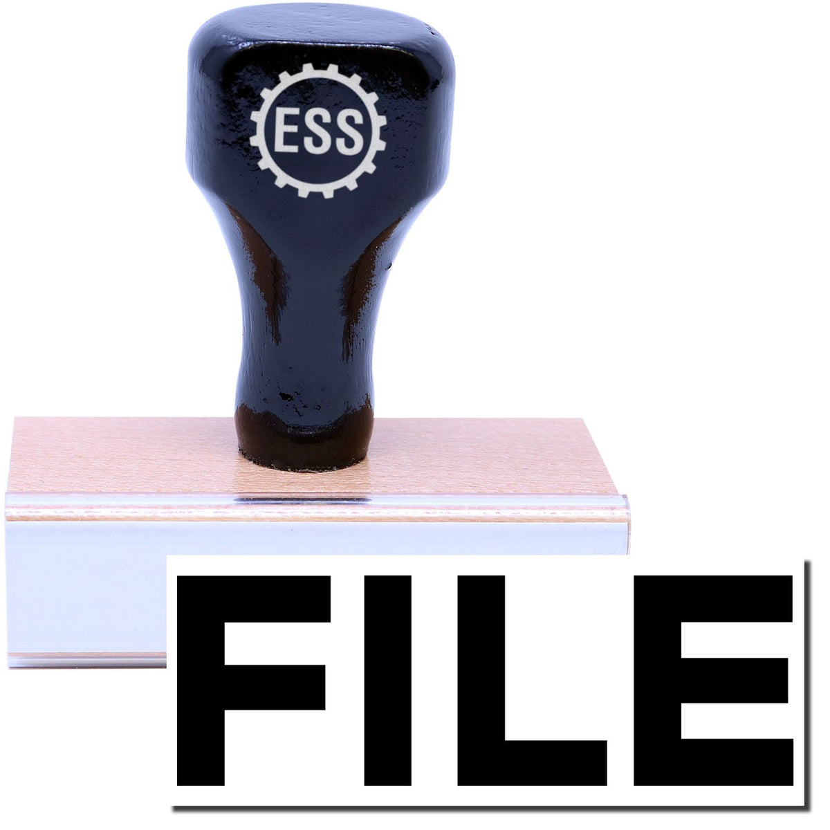 A stock office rubber stamp with a stamped image showing how the text &quot;FILE&quot; in bold font is displayed after stamping.
