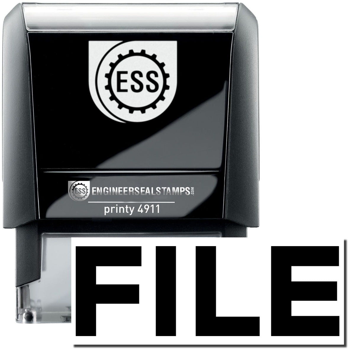 A self-inking stamp with a stamped image showing how the text &quot;FILE&quot; in bold font is displayed after stamping.